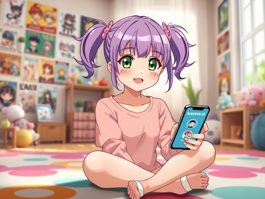 A charming anime girlfriend with vibrant lavender hair styled into playful pigtails, wearing a cute, modest casual outfit with pastel colors. She has large, expressive emerald green eyes and an enchanting smile that radiates warmth and friendliness. In the foreground, she is depicted sitting cross-legged on a cozy, colorful rug, holding a smartphone displaying the app named "Sexlove.ai." In the middle ground, a softly lit room depicts various anime posters on the walls and plush toys on the shelves, creating a relaxed, inviting atmosphere. The background captures a window with gentle sunlight streaming in, enhancing the cheerful mood. The overall scene conveys a sense of companionship and connection, emphasizing the joy of finding your perfect anime companion online. A charming anime girlfriend with vibrant lavender hair styled into playful pigtails, wearing a cute, modest casual outfit with pastel colors. She has large, expressive emerald green eyes and an enchanting smile that radiates warmth and friendliness. In the foreground, she is depicted sitting cross-legged on a cozy, colorful rug, holding a smartphone displaying the app named "Sexlove.ai." In the middle ground, a softly lit room depicts various anime posters on the walls and plush toys on the shelves, creating a relaxed, inviting atmosphere. The background captures a window with gentle sunlight streaming in, enhancing the cheerful mood. The overall scene conveys a sense of companionship and connection, emphasizing the joy of finding your perfect anime companion online.