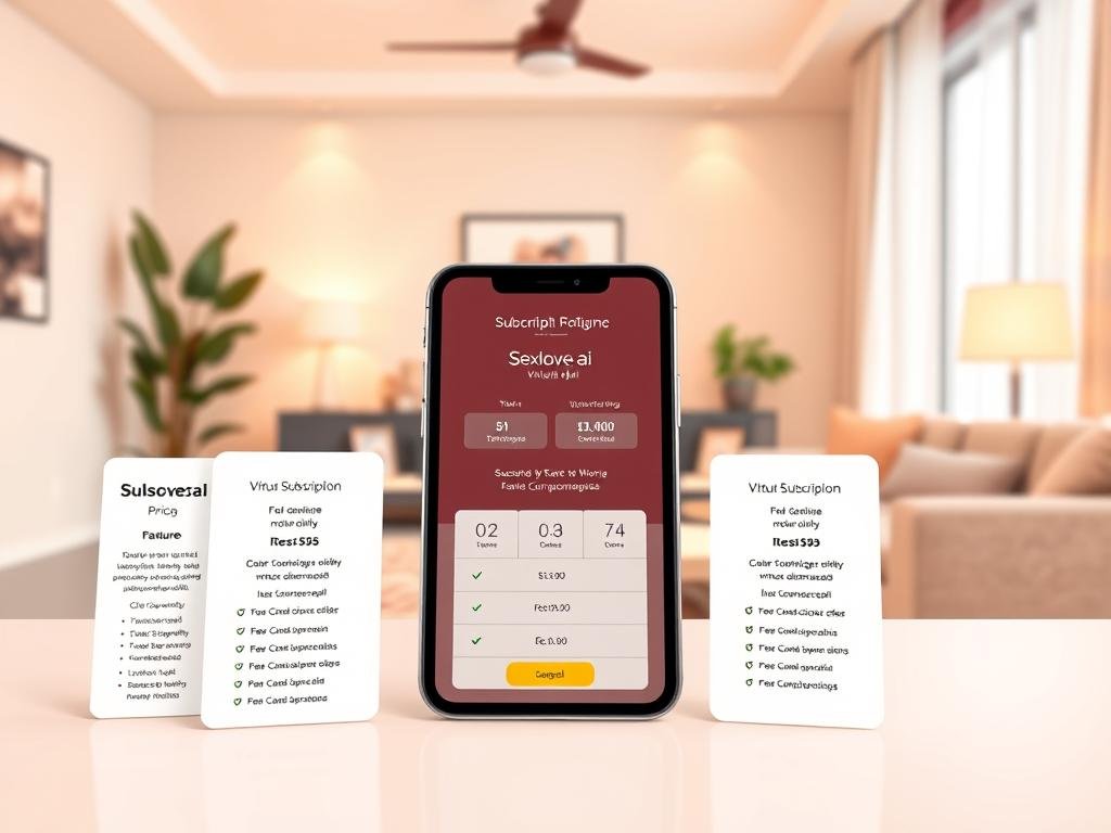 A clean, professional illustration depicting the various pricing options for virtual companionship services from sexlove.ai. In the foreground, display multiple elegant subscription plan cards with distinct tiers, showcasing features like chat frequency, virtual date options, and personal customization. The middle ground features a sleek digital device, such as a tablet or smartphone, displaying the sexlove.ai app interface with pricing details. In the background, create a cozy, inviting virtual space resembling a modern living room, with soft lighting highlighting the atmosphere of companionship. Use warm colors to evoke friendliness and trust, captured with a wide-angle lens to emphasize the digital context. Aim for a professional and engaging mood that emphasizes value for money while ensuring all elements remain Safe For Work. A clean, professional illustration depicting the various pricing options for virtual companionship services from sexlove.ai. In the foreground, display multiple elegant subscription plan cards with distinct tiers, showcasing features like chat frequency, virtual date options, and personal customization. The middle ground features a sleek digital device, such as a tablet or smartphone, displaying the sexlove.ai app interface with pricing details. In the background, create a cozy, inviting virtual space resembling a modern living room, with soft lighting highlighting the atmosphere of companionship. Use warm colors to evoke friendliness and trust, captured with a wide-angle lens to emphasize the digital context. Aim for a professional and engaging mood that emphasizes value for money while ensuring all elements remain Safe For Work.