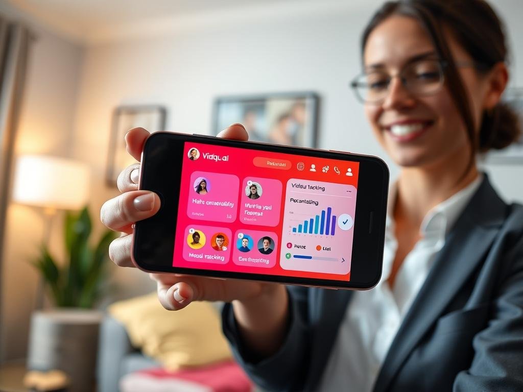 A close-up view of a smartphone screen displaying the vibrant user interface of the Vidqu AI girlfriend app, showcasing key features like personalized conversations, mood tracking, and virtual companionship. In the foreground, the phone is held by a person in professional business attire, engaged and smiling. The middle layer highlights the app's interactive elements with attractive icons and colorful graphs showing engagement statistics. The background features a cozy, well-lit room with soft ambient lighting, creating a warm atmosphere of comfort and connection. The lens captures the scene from a slightly tilted angle, emphasizing the user&rsquo;s engagement with the technology. The overall mood is positive and inviting, illustrating the innovative and friendly essence of the Vidqu AI girlfriend experience. The brand name "Sexlove.ai" subtly integrated in the design of the app interface.