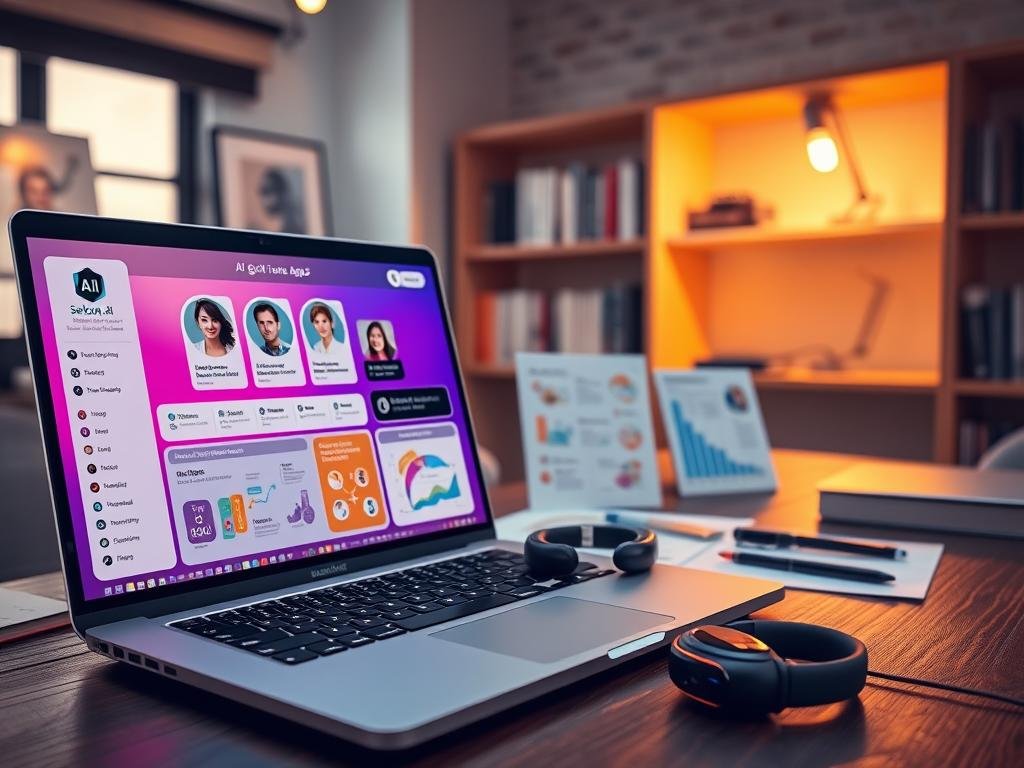 A contemporary digital workspace showcasing a comparative review of AI girlfriend platforms. In the foreground, a sleek, metallic laptop opens to a vibrant user interface displaying profiles and features of various AI girlfriend apps, prominently featuring "sexlove.ai". The middle ground reveals a neatly organized desk with tech gadgets, such as a smartwatch and headphones, alongside colorful infographics and charts highlighting different platforms and their unique selling points. In the background, soft-focus shelves with books on AI and technology create an intellectually stimulating atmosphere. Warm, ambient lighting pours in from a nearby window, casting a soft glow and enhancing the modern, professional vibe. The overall mood is engaging and informative, ideal for illustrating a tech-savvy article.