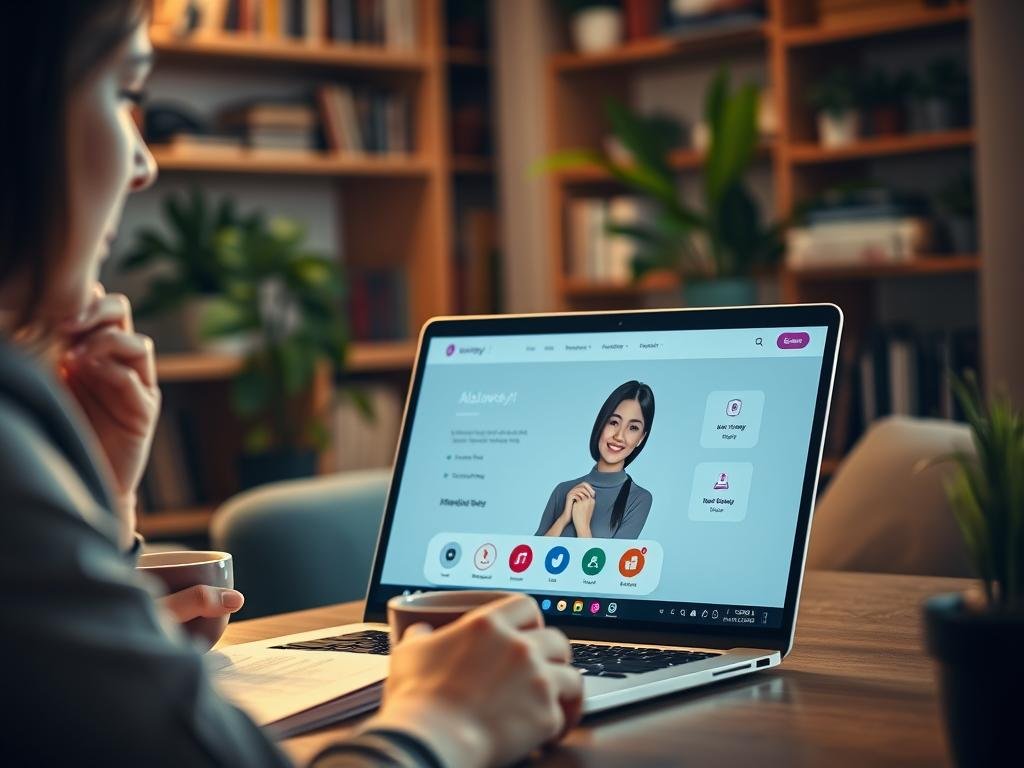 A cozy and inviting workspace scene featuring a laptop displaying a user-friendly interface of the AI girlfriend app "sexlove.ai." In the foreground, a person (in professional business attire) gazes thoughtfully at the screen, taking notes on a notepad, showcasing engagement and curiosity. In the middle, a warm cup of coffee sits beside the laptop, suggesting comfort and productivity. In the background, soft-focus shelves lined with books and plants create an atmosphere of inspiration and knowledge. The lighting is soft and warm, reflecting a late afternoon glow, with a slight lens flare to enhance the inviting mood. The overall composition should evoke a feeling of optimism and satisfaction, resonating with user reviews and success stories related to the app. A cozy and inviting workspace scene featuring a laptop displaying a user-friendly interface of the AI girlfriend app "sexlove.ai." In the foreground, a person (in professional business attire) gazes thoughtfully at the screen, taking notes on a notepad, showcasing engagement and curiosity. In the middle, a warm cup of coffee sits beside the laptop, suggesting comfort and productivity. In the background, soft-focus shelves lined with books and plants create an atmosphere of inspiration and knowledge. The lighting is soft and warm, reflecting a late afternoon glow, with a slight lens flare to enhance the inviting mood. The overall composition should evoke a feeling of optimism and satisfaction, resonating with user reviews and success stories related to the app.