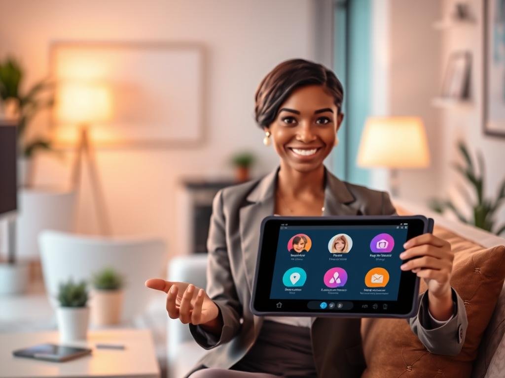A cozy digital environment showcasing a virtual girlfriend AI, symbolizing the features of the "Sexlove.ai" application. In the foreground, a friendly, diverse female character representing the AI is interacting with a user interface on a sleek tablet, displaying vibrant icons of personality traits and features. She wears stylish yet professional business attire, exuding an approachable and engaging vibe. The middle ground has soft, warm lighting that creates an inviting atmosphere, while the background features a blurred, modern workspace, emphasizing technology and innovation. The mood is lively and optimistic, suggesting accessibility and companionship without cost, perfect for illustrating free features of a girlfriend AI experience.