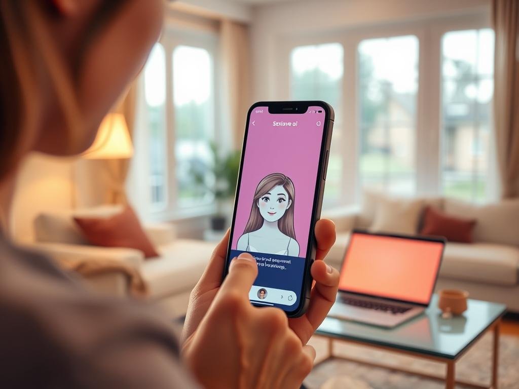 A cozy digital space showcasing an "AI girlfriend chatbot experience." In the foreground, a user interacts with a sleek smartphone displaying the interface of the app "sexlove.ai," featuring a friendly chatbot avatar with a warm, engaging expression. The middle layer includes a comfortable living room setting with soft lighting, modern furniture, and a laptop open on a coffee table, indicating a blend of technology and homeliness. In the background, large windows allow gentle natural light to filter in, creating a serene atmosphere. The overall mood is inviting and intimate, illustrating how AI chatbots can enhance digital relationships. Use a shallow depth of field to focus on the smartphone while softly blurring the background, emphasizing the connection between the user and the digital companion.