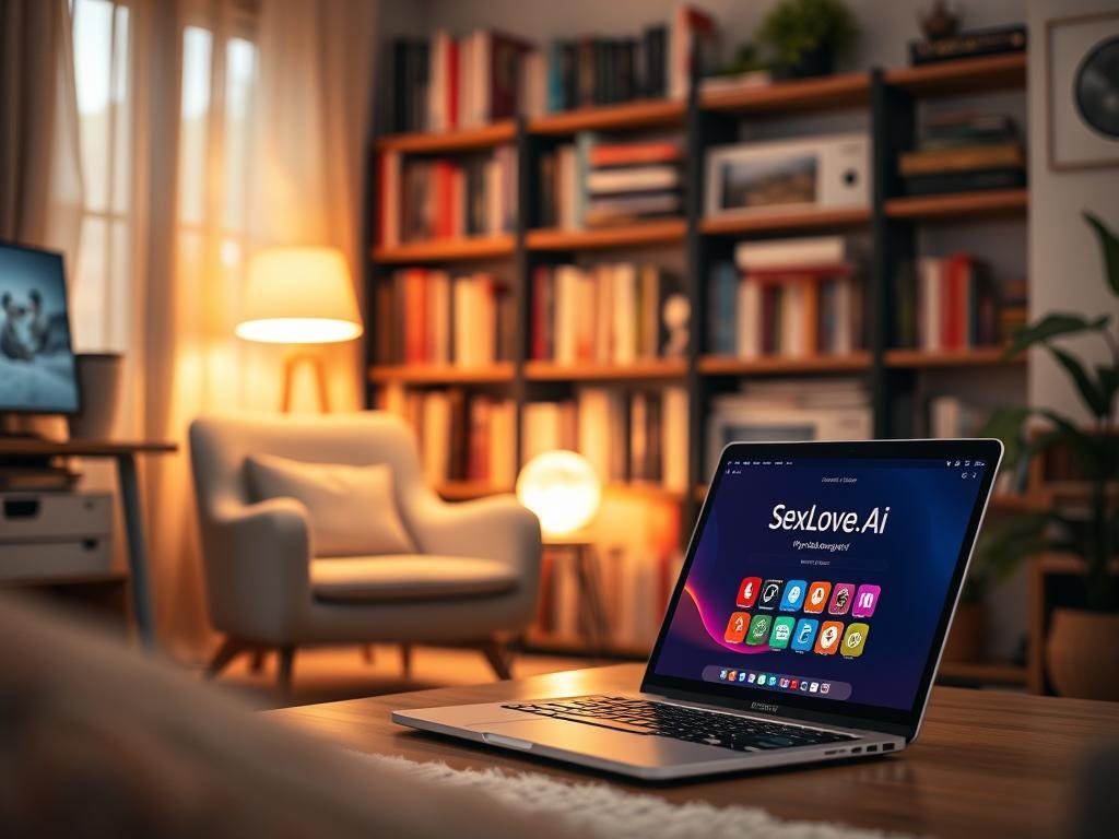 A cozy digital study room filled with modern technology and warm lighting. In the foreground, a sleek laptop displays a friendly AI interface, representing "sexlove.ai", with colorful icons and engaging visuals suggesting companionship. An inviting armchair sits next to the laptop, enhancing the sense of comfort. In the middle ground, a gentle glow emanates from a smart device, illustrating interaction with an AI companion. The background features a softly blurred bookshelf filled with inspiring titles on relationships and technology, creating a nurturing atmosphere. The scene conveys a sense of companionship, curiosity, and an innovative approach to digital connections, inviting viewers to explore the future of virtual relationships. Use a natural lens with soft focus, capturing the warmth and modernity of the surroundings.
