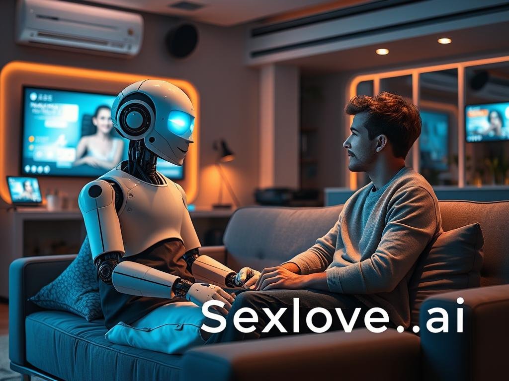A cozy, futuristic living room in 2026, featuring a friendly humanoid AI companion seated beside a young adult engaging in conversation on a sleek, modern couch. The AI has a warm, inviting appearance with soft, glowing features and is dressed in smart casual attire. The background is filled with advanced, yet comforting technology, like holographic displays and interactive screens showing personalized content. Soft, ambient lighting highlights the scene, creating a harmonious atmosphere. The mood is one of connection and warmth, reflecting the essence of companionship. A subtle logo for "sexlove.ai" can be integrated into the d&eacute;cor, emphasizing the theme of AI companionship. The perspective is slightly angled to emphasize the interaction between the two subjects.