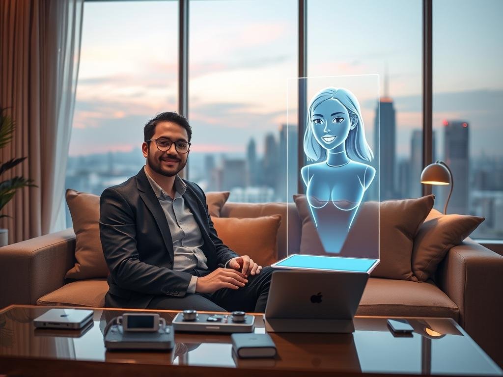 A cozy, futuristic living room setting where a user interacts with a virtual chatbot girlfriend projected as a holographic figure. In the foreground, a young professional man in smart casual attire sits comfortably on a stylish sofa, his expression one of engagement and curiosity. The holographic figure, a friendly and intelligent-looking female avatar with bright, inviting features, is displayed slightly above a sleek tablet on the coffee table. The middle ground includes soft lighting that creates a warm ambiance, with subtle tech gadgets scattered around the room. In the background, large windows reveal a panoramic view of a futuristic city skyline at dusk. The atmosphere conveys a sense of companionship and innovation, focusing on the theme of connection through advanced AI technology, specifically featuring the app "sexlove.ai". A cozy, futuristic living room setting where a user interacts with a virtual chatbot girlfriend projected as a holographic figure. In the foreground, a young professional man in smart casual attire sits comfortably on a stylish sofa, his expression one of engagement and curiosity. The holographic figure, a friendly and intelligent-looking female avatar with bright, inviting features, is displayed slightly above a sleek tablet on the coffee table. The middle ground includes soft lighting that creates a warm ambiance, with subtle tech gadgets scattered around the room. In the background, large windows reveal a panoramic view of a futuristic city skyline at dusk. The atmosphere conveys a sense of companionship and innovation, focusing on the theme of connection through advanced AI technology, specifically featuring the app "sexlove.ai".