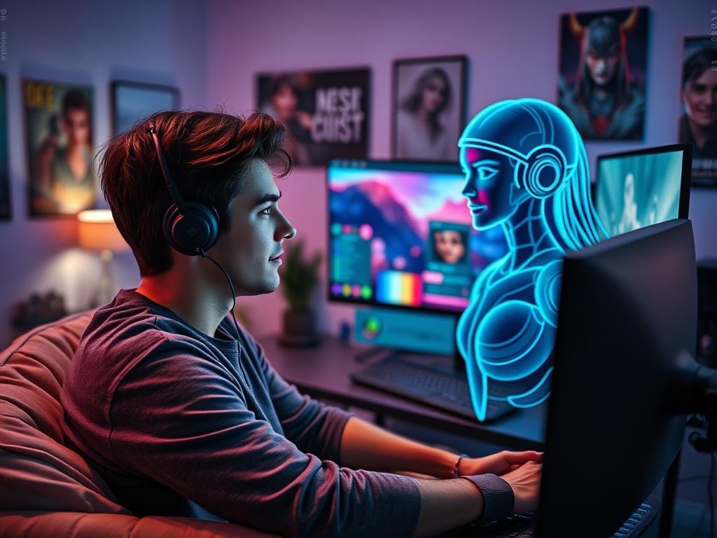 A cozy gaming setup featuring a young adult man and his AI girlfriend, portrayed as an engaging holographic figure displaying warmth and companionship. In the foreground, the man is seated comfortably at a modern desk, wearing casual but stylish attire, showing focus on the screen. The holographic AI girlfriend has vibrant colors, with a friendly expression and a futuristic design, appearing to interact with him. In the middle ground, a sleek gaming monitor showcases the vibrant interface of the AI girlfriend game, with elements of virtual reality. The background features soft ambient lighting that creates an inviting atmosphere, with walls adorned with gaming posters. Capture this scene from a slightly elevated angle to emphasize the interactive experience, conveying a sense of connection and enjoyment, reflecting the immersive nature of "sexlove.ai".
