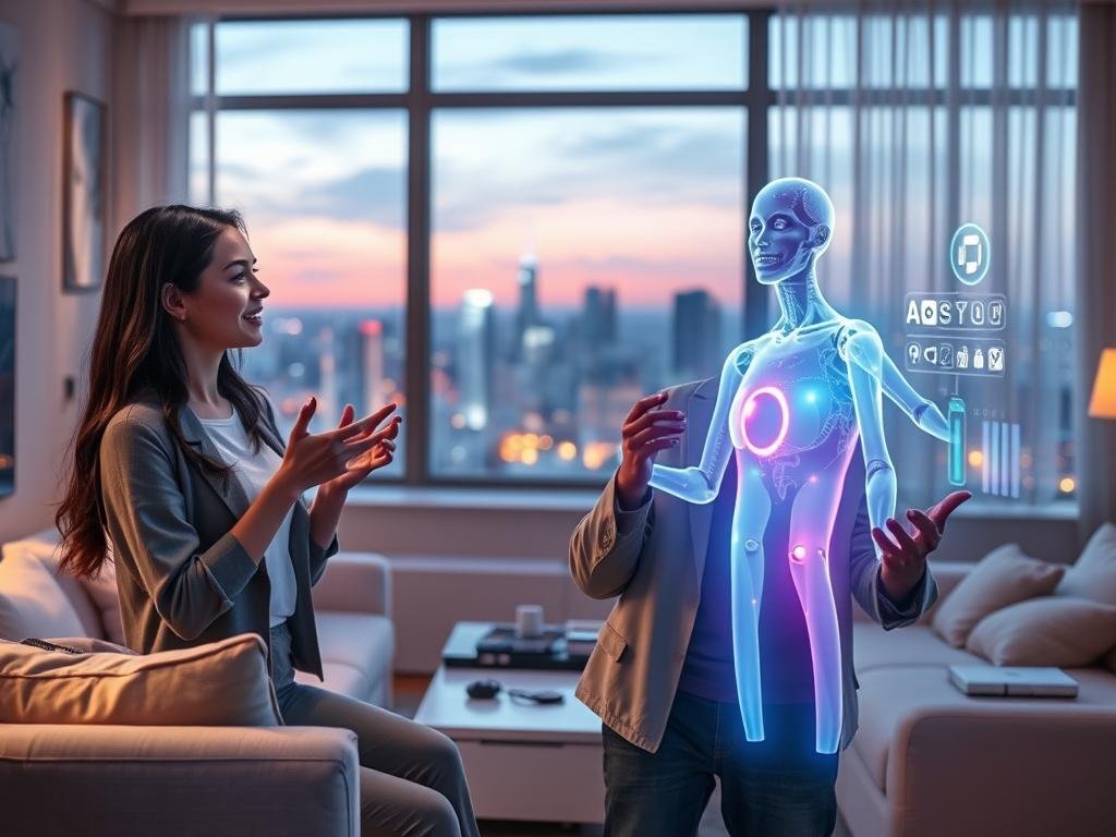 A cozy, high-tech living room scene illustrating the concept of an "AI girlfriend realistic experience." In the foreground, a young woman in smart casual attire interacts with a holographic AI companion, displaying engaging facial expressions and gestures that convey warmth and connection. The AI, projected as a vibrant, ethereal figure, appears friendly and intelligent. In the middle ground, soft ambient lighting creates a serene atmosphere, highlighting sleek furniture and futuristic devices enhancing the interaction. The background features a window with a view of a futuristic city skyline under a twilight sky, casting a gentle glow into the room. The overall mood is inviting and optimistic, showcasing the innovative spirit of "sexlove.ai" while emphasizing the ideal fusion of technology and companionship.