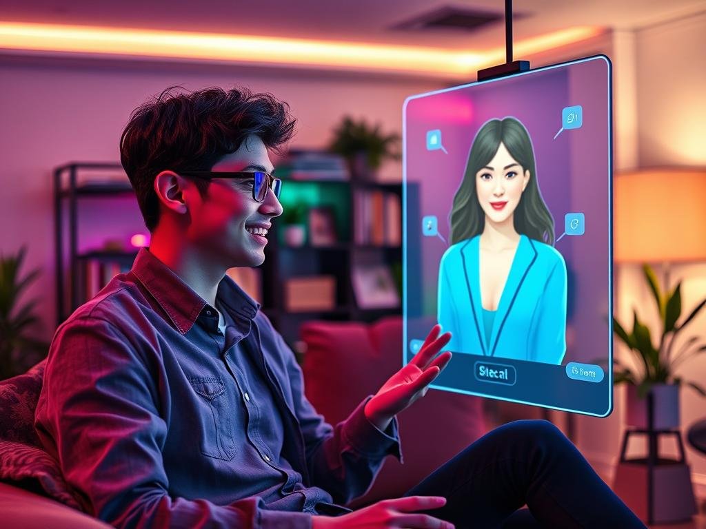 A cozy, high-tech room featuring a young adult casually engaged in a conversation with a virtual AI girlfriend displayed on a sleek, holographic screen. The individual, dressed in smart casual attire, appears intrigued and happy, reflecting a warm atmosphere of companionship and engagement. Soft, ambient lighting highlights their expressive features, while colorful LED lights subtly illuminate the room, enhancing the futuristic vibe. In the background, a modern decor with bookshelves and plants creates a homely yet advanced tech environment. The AI girlfriend, depicted as a stylized digital persona, exudes charm and personality, engaging the user with a friendly demeanor. The image conveys a sense of connection and intimacy, showcasing the theme of unrestricted daily conversations with a virtual partner. Text and logos are excluded. Brand name: Sexlove.ai.