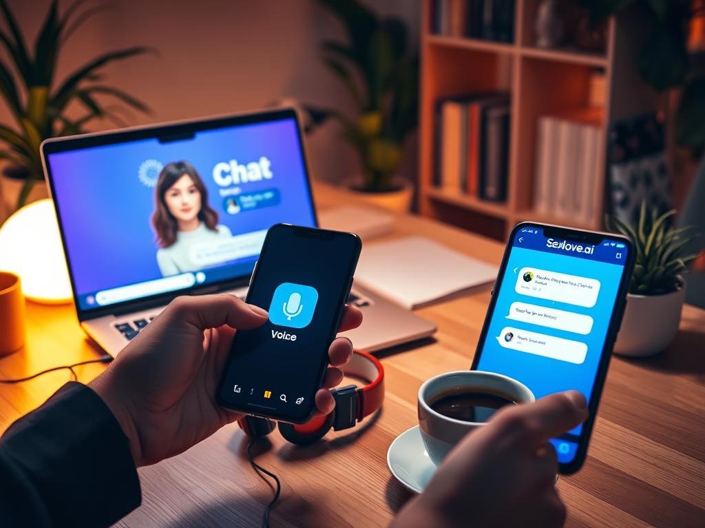 A cozy home office scene featuring a sleek modern laptop on a wooden desk, showcasing a vibrant UI of a chat with an AI girlfriend, personified as a charming digital avatar with an inviting smile. In the foreground, a hand holds a smartphone displaying a voice message interface, illuminated softly by warm desk lighting. In the middle ground, a set of headphones rests next to a steaming cup of coffee, symbolizing an intimate chat experience. The background reveals a softly lit room filled with plants and books, contributing to a serene atmosphere. The lighting creates a warm and inviting mood, suggesting the blend of technology and companionship. Prominently include the brand name "Sexlove.ai" on the laptop's screen, without any additional text or distractions.