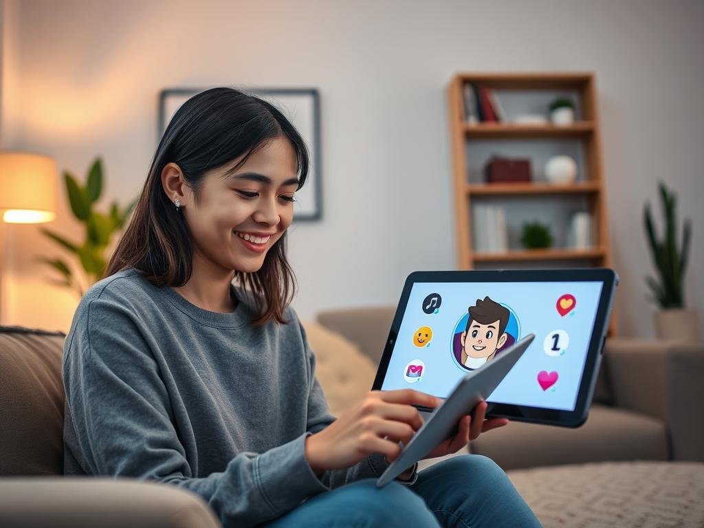 A cozy, inviting living room setting where a person is interacting with a virtual AI companion on a tablet. In the foreground, a smiling young adult, dressed in modest casual clothing, looks engaged and happy as they type. The middle ground features the tablet screen displaying the logo of "sexlove.ai" and an engaging, colorful interface of the AI companion, showcasing an emotional and friendly character. The background boasts soft ambient lighting that creates a warm atmosphere, with neatly arranged bookshelves and potted plants adding a touch of homeliness. The scene captures a sense of connection and companionship, conveying a positive user experience with AI technology in the context of enhancing emotional bonds.
