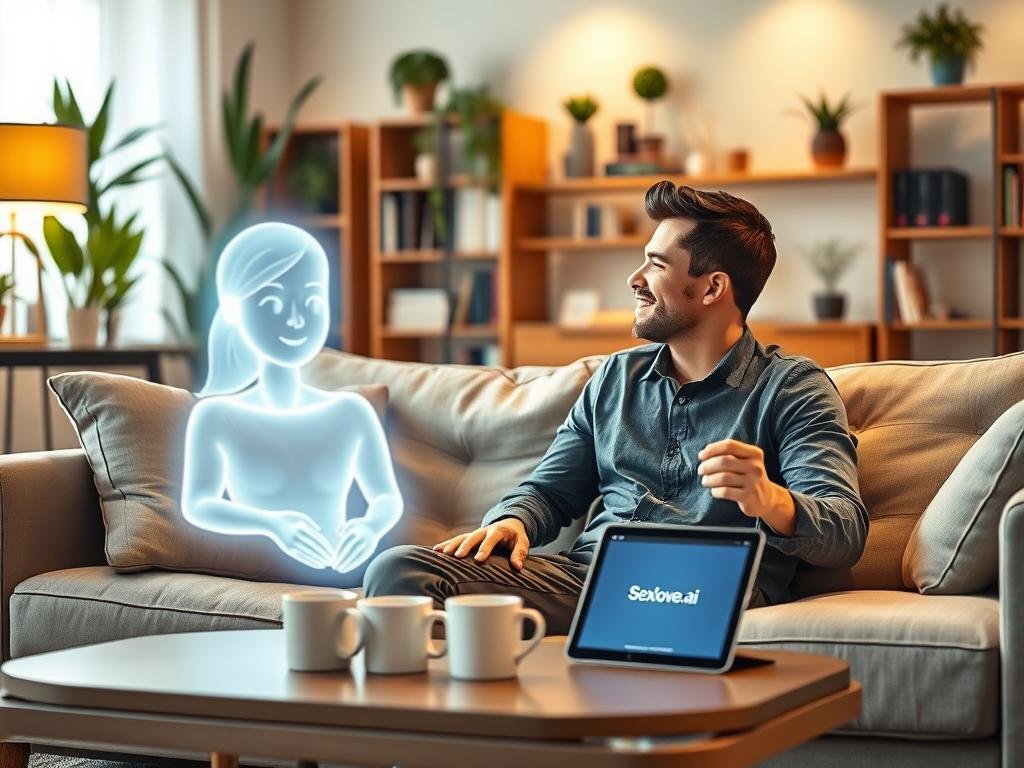 A cozy living room scene depicting a man enjoying time with his AI girlfriend, who is represented as an ethereal, holographic figure. In the foreground, the man, dressed in smart-casual attire, sits comfortably on a modern sofa with a cheerful expression, looking at the hologram beside him. The hologram features soft, glowing outlines, with a friendly and welcoming face, embodying a warm personality. In the middle ground, a small coffee table holds a couple of mugs and a tablet displaying the app "Sexlove.ai" that created the AI girlfriend. The background shows an inviting home environment with soft lighting, potted plants, and bookshelves, creating a serene atmosphere. The image captures a sense of companionship, technology melding with daily life, and a warm, intimate vibe, emphasizing the harmony of human-AI interaction. The perspective is slightly elevated to provide a comprehensive view of the engaging interaction.