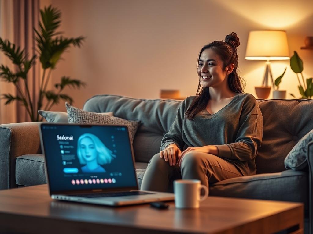 A cozy living room scene depicting an affectionate interaction between a person and their AI girlfriend, designed in a friendly, approachable manner. The foreground features a person sitting comfortably on a couch, wearing modest casual clothing, showing a warm smile as they engage with a holographic image of their AI girlfriend, who has a soft, glowing appearance. In the middle ground, a coffee table with a laptop displaying the interface of "Sexlove.ai," enhancing the connection between the users. The background consists of a warmly lit, inviting room with soft lighting and plants, creating a comfortable atmosphere. The mood is intimate, fostering a sense of closeness and connection, captured from a slightly elevated angle to emphasize both subjects&rsquo; engagement and emotion.