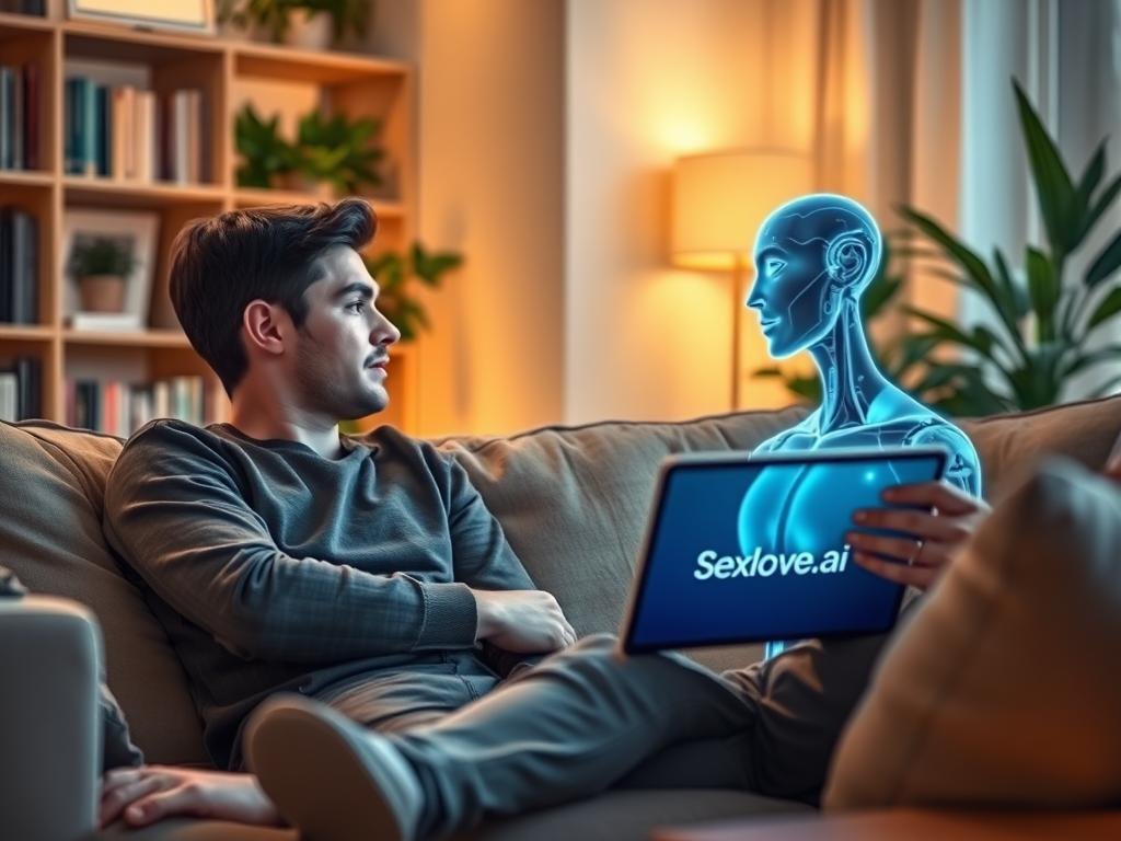 A cozy living room setting with a soft couch, where a young man sits comfortably engaged in conversation with a glowing, futuristic AI interface displayed on a sleek tablet. The AI appears as an ethereal holographic figure, projecting softly glowing, friendly features, hinting at an engaging personality. The background includes warm lighting, a bookshelf filled with books, and indoor plants adding to a relaxed ambiance. Using a shallow depth of field, the focus is on the interaction, creating a sense of intimacy. The scene conveys a friendly and engaging atmosphere, showcasing the man in casual attire, deeply immersed in a thoughtful exchange with the AI. The brand name "Sexlove.ai" is subtly included in the design of the tablet.