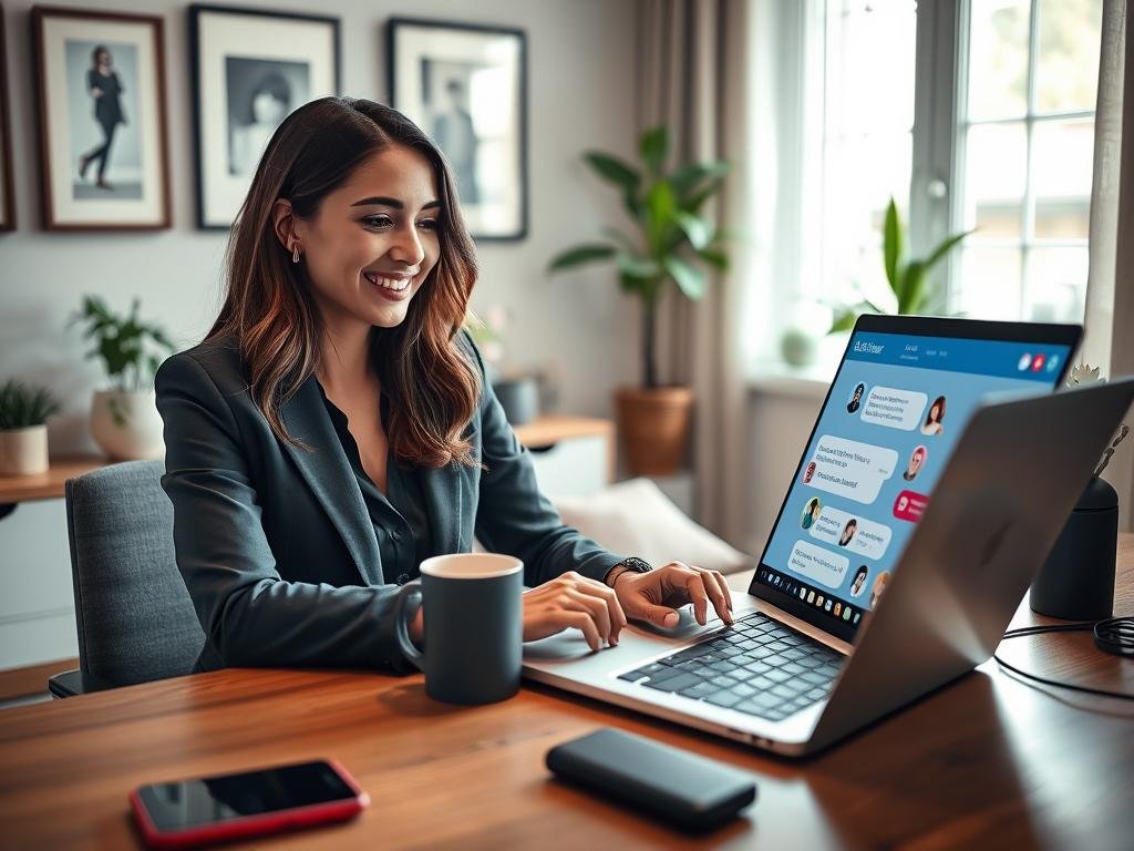 A cozy, modern home office scene featuring a woman in professional business attire, engaged in a vibrant chat with an AI girlfriend on her sleek laptop. In the foreground, the woman, with a warm smile, is seated at a stylish wooden desk filled with tech gadgets and a cozy coffee mug. In the middle ground, the screen of the laptop displays an AI chatbot interface, illustrated with playful and colorful icons. The background contains soft, ambient lighting from a window, with houseplants and framed artwork that give the room a welcoming atmosphere. The overall mood is friendly and engaging, reflecting a futuristic yet relatable experience with "sexlove.ai". The scene should convey a sense of connection and innovation in digital companionship, highlighting the modernity of AI interaction without any human distractions.