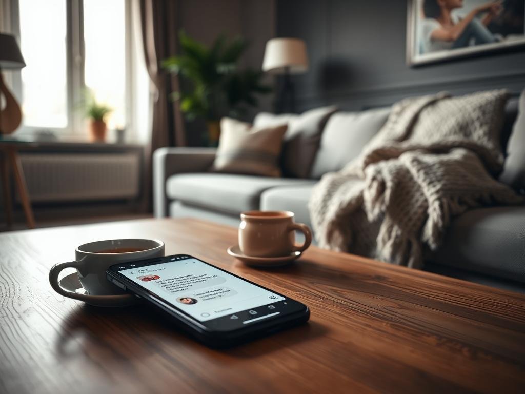 A cozy, modern living room scene, focusing on a smartphone displaying a text chat interface with a virtual girlfriend from Sexlove.ai. In the foreground, the smartphone, sleek and high-tech, is resting on a wooden coffee table, surrounded by a warm cup of coffee and a small potted plant. The middle ground features a soft couch with a neatly arranged throw blanket, suggesting someone is engaged in a conversation. In the background, a window lets in soft, natural light, illuminating the space and creating a relaxed atmosphere. The mood is intimate and comfortable, reflecting an engaging yet casual chat experience, set against a stylish interior design with inviting decor elements.