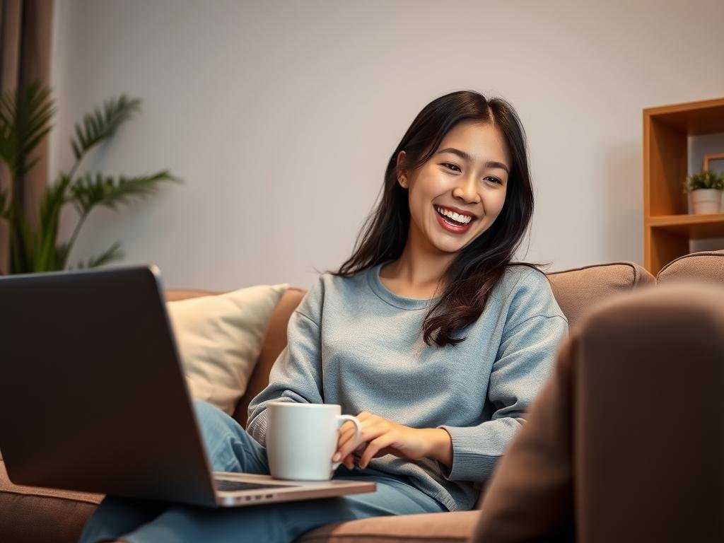 A cozy, modern living room setting featuring a young Asian woman engaged in a lively chat on her laptop. She is wearing comfortable yet stylish casual clothing, embodying a friendly, approachable demeanor. The foreground showcases her animated expression as she interacts with the screen, highlighting her personality and warmth. The middle layer includes the laptop and a few personal items like a coffee mug and a small potted plant, adding to the intimate atmosphere. In the background, soft, diffused lighting creates a relaxed environment, emphasizing the welcoming vibe of the space. This image represents a unique AI-driven relationship experience, demonstrating the engaging nature of the &ldquo;Sexlove.ai&rdquo; app. The composition captures a moment of genuine connection and joy without any distractions.