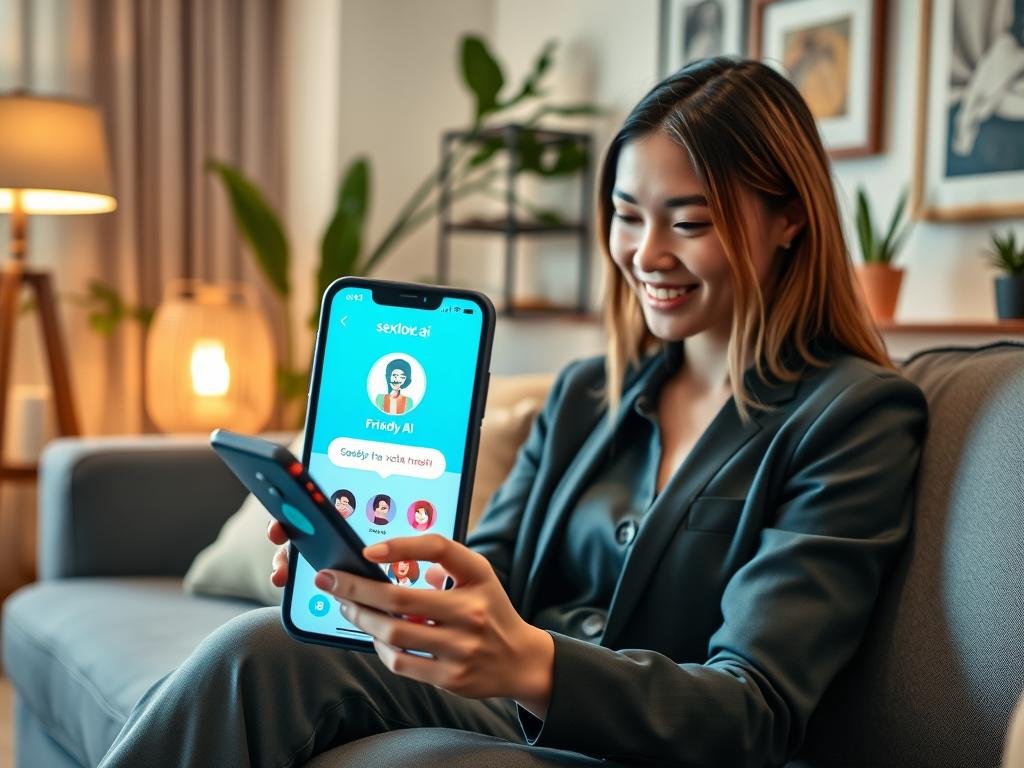 A cozy, modern living room setting featuring a young woman engaged with her smartphone, experiencing the "AI girlfriend voice app." She sits on a comfortable sofa, dressed in casual yet professional attire, displaying a warm smile as she interacts with the app. In the foreground, a sleek phone screen shows an animated visual representation of a friendly AI interface. The middle ground includes soft, ambient lighting from a nearby lamp, creating a welcoming atmosphere. The background reveals a tasteful home decor aesthetic with plants and art on the walls. The overall mood embodies a sense of emotional connection and innovative technology, emphasizing the transformative benefits of AI companionship. The branding "sexlove.ai" is subtly incorporated into the phone's interface design.