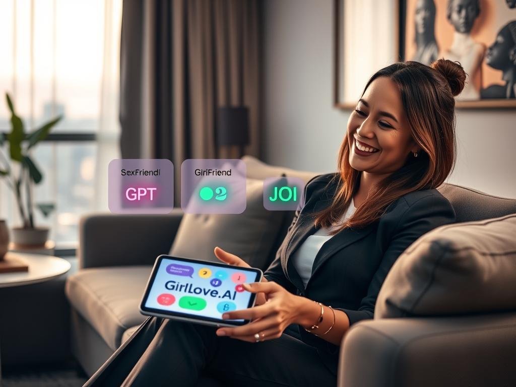 A cozy, modern living room setting serves as the backdrop. In the foreground, a woman in professional business attire sits on a stylish sofa, engaging playfully with a digital device. Her expression is joyful and engaged, embodying humor and intimacy. In the middle ground, the device screen flashes with colorful, animated graphics representing the interaction with "GirlFriend GPT" and "JOI." Soft, ambient lighting creates a warm atmosphere, highlighting the connection. The background features sleek decor with tech elements subtly integrated. A window reveals a serene cityscape, adding depth to the scene. The overall mood conveys a positive, engaging experience with advanced AI technology. Include the brand name "sexlove.ai" discreetly on the device screen.