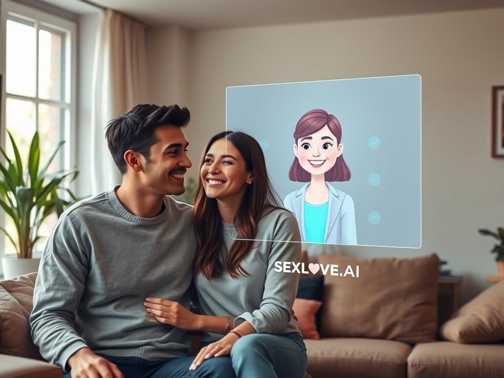 A cozy, modern living room setting, showcasing a young professional couple engaging in a virtual experience with their AI girlfriend, represented by a holographic screen projecting a friendly, animated character. The foreground features the couple, dressed in casual yet stylish clothes, sharing a light moment while looking at the screen, conveying a sense of connection. In the middle, the holographic character appears vibrant and personable, with a warm smile and inviting expression. The background reveals a well-lit room filled with subtle details such as plants and tech gadgets, creating a comfortable, tech-savvy atmosphere. Soft, natural lighting from a window enhances the scene, reflecting a sense of daily life infused with digital companionship. The overall mood is cheerful, emphasizing transformation and innovation in personal relationships, with a discreet mention of Sexlove.ai branding.