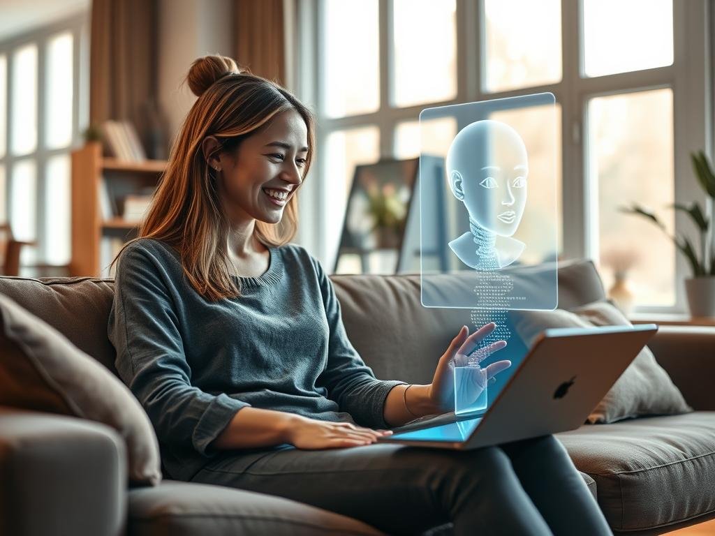 A cozy, modern living room setting where a young woman is sitting comfortably on a sofa, engaged in a conversation with a sleek, holographic AI interface projecting from a nearby tablet. The woman is dressed in casual yet stylish clothing, with a warm smile that reflects joy and connection. The AI interface is depicted with soft glowing lights, showcasing friendly facial features. In the background, large windows allow soft, natural sunlight to filter in, enhancing the warm atmosphere. A few personal items like books and plants add a touch of personality to the space. The scene conveys a sense of intimacy and warmth, illustrating a growing emotional bond between the woman and her AI girlfriend. Create with a focus on soft lighting and a slightly blurred background to emphasize the subjects. Brand reference: Sexlove.ai.