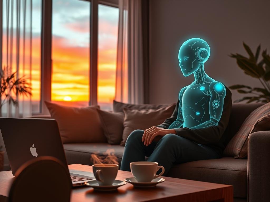 A cozy modern living room setting with a person sitting on a comfortable couch, engaged in a thoughtful conversation with a holographic AI companion illustrated in a friendly, futuristic design. The AI appears as a glowing, humanoid figure, reflecting a warm and inviting palette of soft blues and greens. The foreground showcases a laptop and a cup of steaming coffee, emphasizing a personal and intimate atmosphere. In the background, a window reveals a vibrant sunset sky, casting warm light into the room and creating a serene, uplifting mood. The scene conveys a sense of connection and curiosity, highlighting user experiences with AI companion conversations. Safe for work, no text or branding visible, but include a subtle element like the logo of "sexlove.ai" quietly integrated into the room decor. A cozy modern living room setting with a person sitting on a comfortable couch, engaged in a thoughtful conversation with a holographic AI companion illustrated in a friendly, futuristic design. The AI appears as a glowing, humanoid figure, reflecting a warm and inviting palette of soft blues and greens. The foreground showcases a laptop and a cup of steaming coffee, emphasizing a personal and intimate atmosphere. In the background, a window reveals a vibrant sunset sky, casting warm light into the room and creating a serene, uplifting mood. The scene conveys a sense of connection and curiosity, highlighting user experiences with AI companion conversations. Safe for work, no text or branding visible, but include a subtle element like the logo of "sexlove.ai" quietly integrated into the room decor.