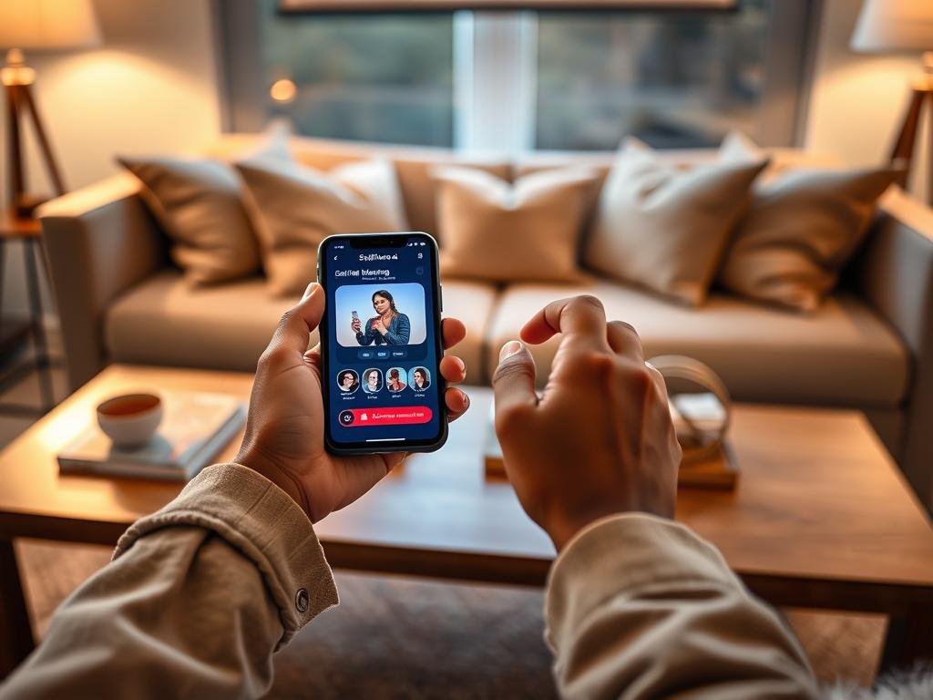 A cozy, modern living room setting with a sleek smartphone prominently displayed on a coffee table, showing an engaging AI girlfriend voice messaging app interface, branded "Sexlove.ai". In the foreground, a pair of hands gently holding the phone, showcasing a diverse hand with soft features, dressed in modest casual attire. The middle ground features the softly glowing smartphone screen, displaying vibrant colors and visually appealing graphics of the AI interaction. In the background, a comfortable sofa with plush pillows, warm ambient lighting creating an inviting atmosphere, accentuated by soft shadows. The overall mood should feel warm, friendly, and engaging, reflecting the innovative and interactive features of the app, enticing viewers to explore the connection technology offers.