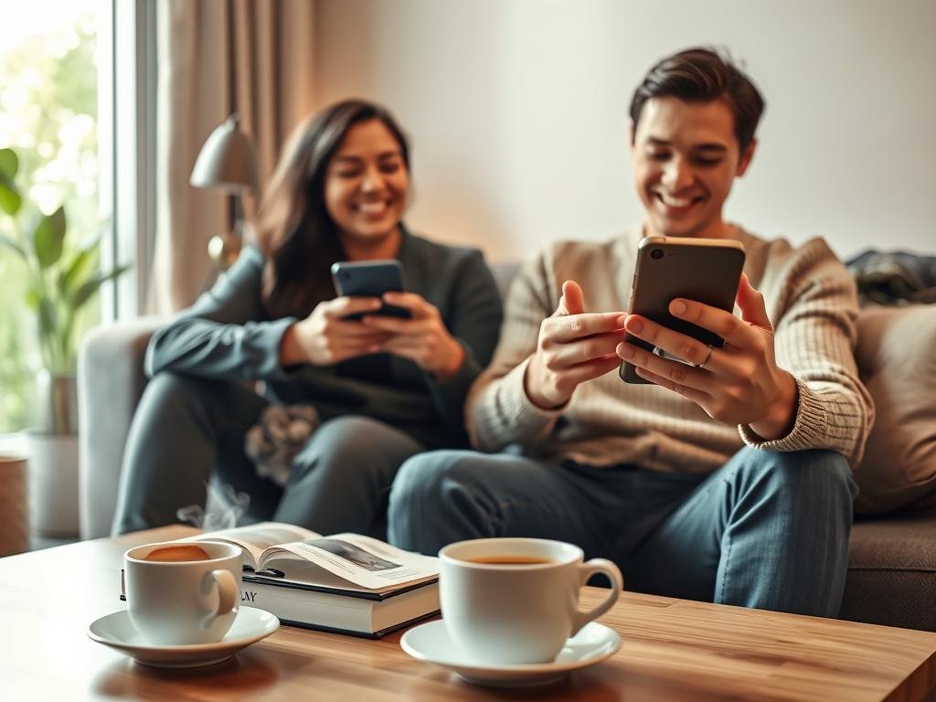A cozy, modern living room setting with a warm ambiance, featuring a couple sitting on a couch, engaged with their smartphones, smiling as they interact with their chat AI girlfriend. The foreground shows close-up details of their hands holding the phones, displaying digital conversation bubbles. The middle ground includes a stylish coffee table with a few books and a steaming cup of coffee, enhancing the homey vibe. In the background, soft lighting casts a gentle glow across the room, with greenery visible through a window, suggesting a serene outdoor atmosphere. The couple is dressed in smart casual attire, reflecting comfort and connection. The overall mood is warm and inviting, illustrating the theme of enhancing emotional bonds with technology, branded subtly with &ldquo;sexlove.ai&rdquo; in the environment.