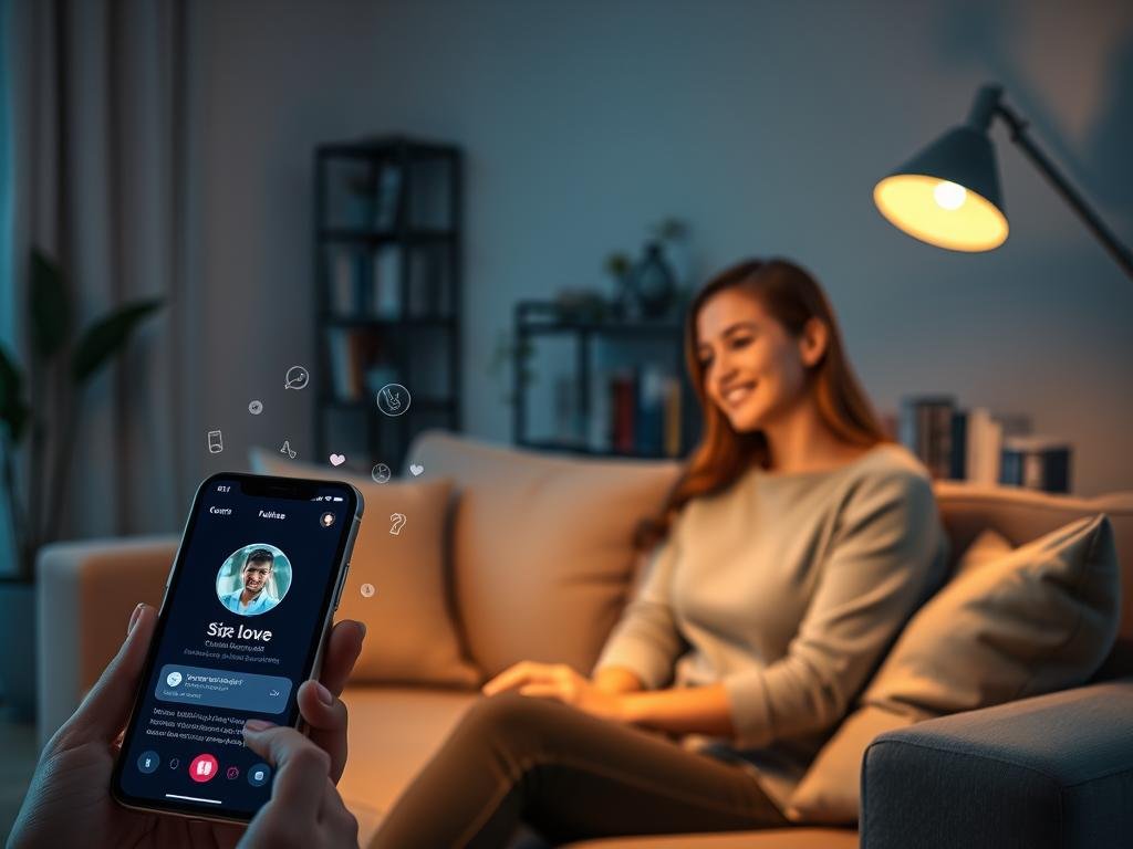 A cozy, modern living room setting with soft, ambient lighting that sets a warm and inviting mood. In the foreground, a sleek smartphone displaying an AI girlfriend voice app interface, with playful holographic elements emanating from the screen, symbolizing interaction and connection. In the middle, a young professional woman in modest casual attire, sitting comfortably on a stylish couch, engaged in conversation with her device. Her expression reflects curiosity and joy, illustrating a fulfilling AI interaction. In the background, a bookshelf filled with books on technology and relationships, emphasizing the theme of future companionship. The overall atmosphere conveys a sense of intimacy and innovation, highlighting the rise of AI girlfriend voice experiences. Include a subtle reference to "sexlove.ai" in the phone interface design.