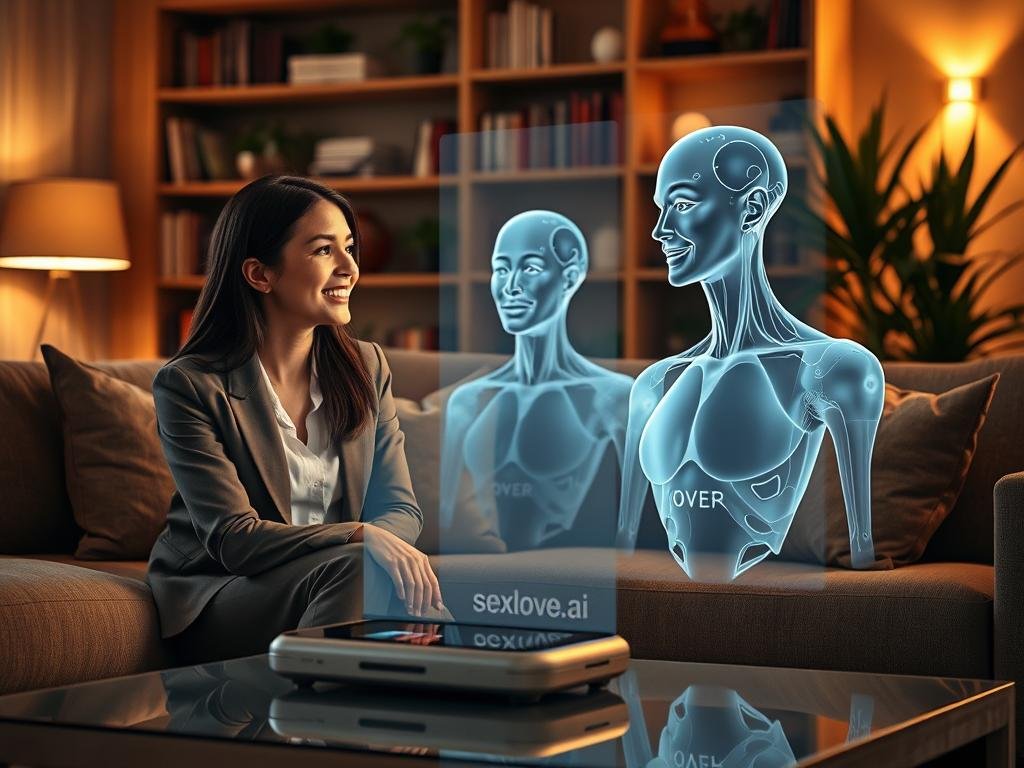A cozy, modern living room showcasing a virtual companionship experience. In the foreground, a young woman in professional attire interacts with a holographic AI partner projected from a sleek device on a coffee table. The AI figure is ethereal, with a friendly, engaging expression, resembling an advanced digital avatar. The middle layer features warm, ambient lighting, accentuating the emotional connection between them, with soft shadows casting over plush furniture. In the background, bookshelves and plants create a lived-in atmosphere, further enhancing the sense of intimacy. The overall mood is warm and inviting, emphasizing the deep, meaningful connection fostered through technology. The brand "sexlove.ai" is subtly integrated into the device design, reinforcing modern advancements in virtual companionship.