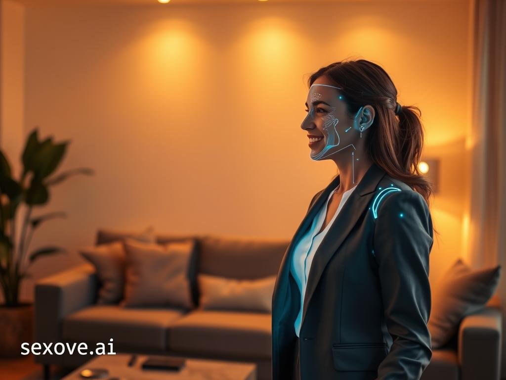 A cozy, modern living space serves as the backdrop, with warm, inviting lighting that creates an intimate atmosphere. In the foreground, a woman in professional business attire interacts with a high-tech, holographic virtual companion, displaying a friendly and engaging demeanor. The companion, depicted as a digital figure with a sleek design, is lifelike and expressive, emphasizing the connection between them. In the middle ground, subtle elements like a stylish couch and smart devices suggest advanced technology, enhancing the scene. Soft shadows and a slightly blurred depth of field enhance focus on the interaction. The overall mood is uplifting and positive, highlighting the theme of connection and enrichment in the virtual companion experience. A discreet logo of "sexlove.ai" is tastefully placed in one corner.