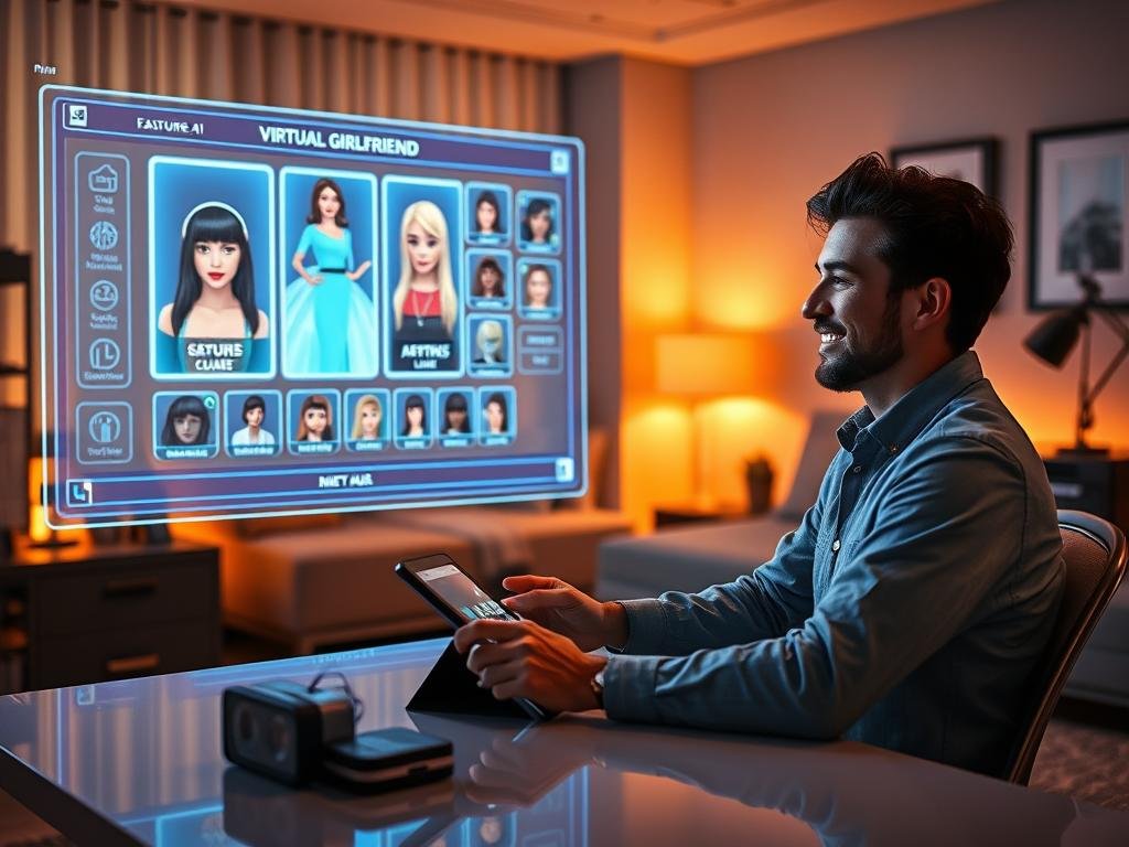 A cozy, modern room featuring a glowing holographic interface displaying a customizable virtual girlfriend, showcasing various features for personalization. In the foreground, a person sits at a sleek desk, focused and smiling, using a tablet to make selections. The middle ground captures an interactive digital screen with avatars and customization options like hairstyles, outfits, and accessories. The background emphasizes a warm ambiance with soft, ambient lighting, stylish decor, and tech gadgets, creating a futuristic yet inviting atmosphere. Use a slight lens blur to highlight the foreground while keeping the background in gentle focus. The scene conveys a sense of excitement and creativity as the user designs their ideal virtual companion, representing the theme of personal connections with technology and innovation from sexlove.ai.