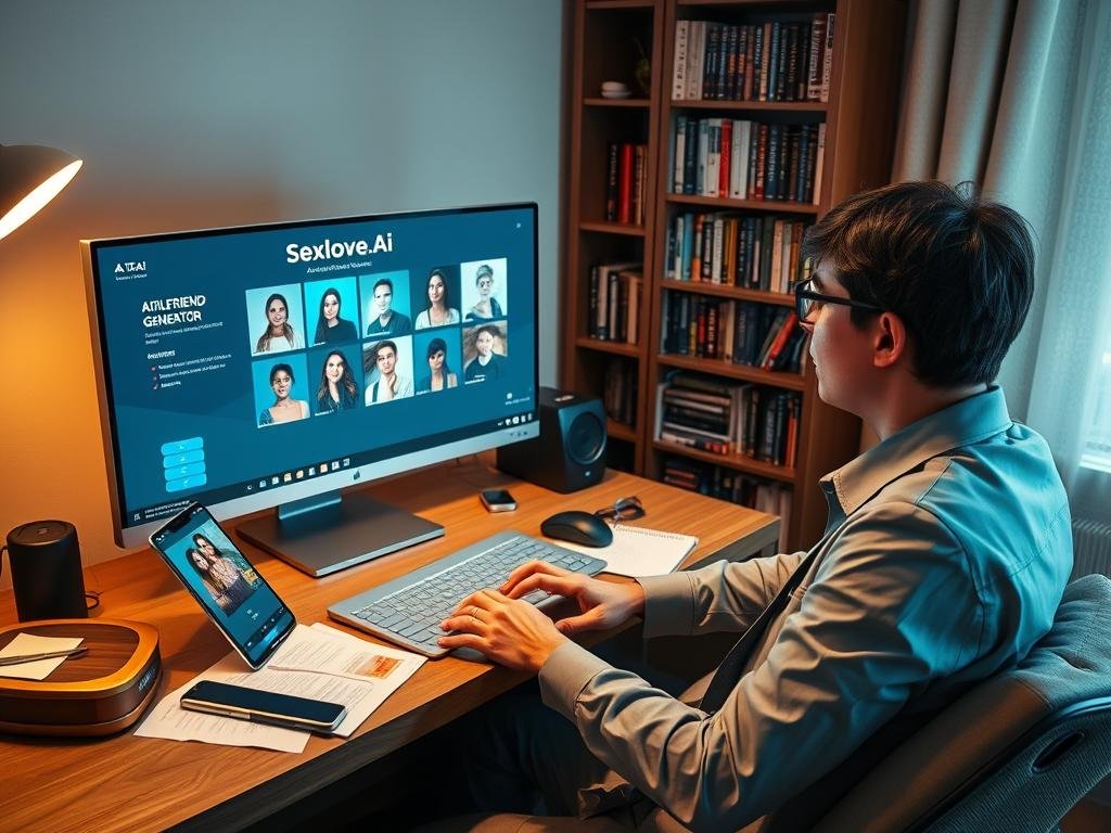 A cozy, modern workspace featuring a person in professional business attire or modest casual clothing, engaging with a computer screen displaying the interface of "Sexlove.ai" &mdash; an AI girlfriend generator. In the foreground, the user is eagerly typing, with a focused expression, surrounded by notes and gadgets indicative of a tech review environment. The middle ground includes a sleek laptop and a glowing monitor, showcasing colorful graphics of digital avatars. The background presents a well-organized bookshelf filled with AI-related books, while soft, warm lighting casts an inviting atmosphere throughout the scene. The overall mood is one of curiosity and experimentation, capturing the experience of testing AI girlfriend generators in a professional yet informal setting.