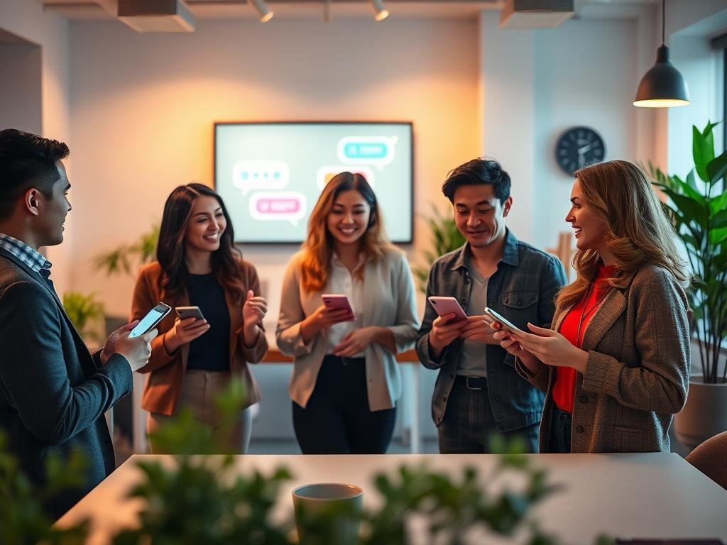 A cozy, modern workspace filled with soft, ambient lighting that fosters a sense of connection. In the foreground, a diverse group of three individuals, dressed in smart casual attire, are engaged in a lively conversation. They hold digital devices, showcasing a sleek user interface of the "sexlove.ai" app, which promotes user experience and seamless interactions. In the middle ground, a bright digital screen displays abstract conversations flowing between animated chat bubbles, symbolizing smooth communication. The background features lush indoor plants and minimalist decor, enhancing the serene atmosphere. The lighting is warm and inviting, creating a friendly and approachable mood, with a slight lens blur to emphasize connection and interaction. A cozy, modern workspace filled with soft, ambient lighting that fosters a sense of connection. In the foreground, a diverse group of three individuals, dressed in smart casual attire, are engaged in a lively conversation. They hold digital devices, showcasing a sleek user interface of the "sexlove.ai" app, which promotes user experience and seamless interactions. In the middle ground, a bright digital screen displays abstract conversations flowing between animated chat bubbles, symbolizing smooth communication. The background features lush indoor plants and minimalist decor, enhancing the serene atmosphere. The lighting is warm and inviting, creating a friendly and approachable mood, with a slight lens blur to emphasize connection and interaction.