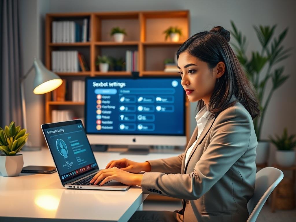 A cozy modern workspace showcasing a digital interface of the Sexlove.ai chatbot. In the foreground, a confident young woman in professional business attire sits at a sleek desk, intently customizing chatbot personality settings on her laptop. Her expression radiates creativity and focus, with warm, ambient lighting highlighting the concentration on her face. The middle ground features a stylish computer screen displaying interactive options for personality traits, the interface vibrant and engaging. In the background, a well-organized bookshelf and soft potted plants create a serene atmosphere, reflecting a balance between technology and comfort. The overall mood is inspiring and innovative, emphasizing personal connection and customization in AI interaction.