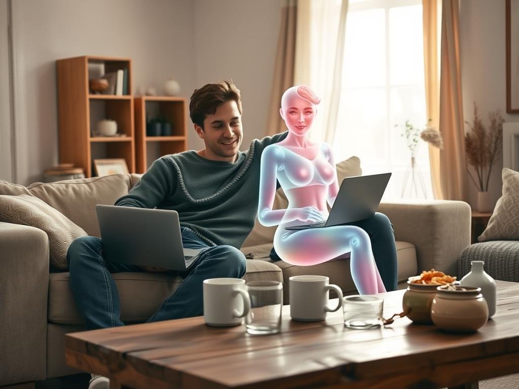 A cozy, picturesque living room showcasing a young man engaging with his AI girlfriend, represented as a holographic figure beside him. The man is casually dressed in a comfortable sweater and jeans, while the translucent AI girlfriend has an ethereal glow, her form shifting gently in pastel colors, exuding warmth and personality. In the foreground, they sit together on a soft couch, with a laptop open, capturing a simple yet intimate moment. The middle ground features a rustic coffee table with coffee mugs and snacks, inviting a relaxed atmosphere. In the background, soft daylight filters through a window adorned with light curtains, enhancing the serene ambiance. The scene conveys a sense of companionship and joy, reflective of daily life with an AI partner. The brand name "Sexlove.ai" is subtly integrated into the environment, such as on a decorative item.
