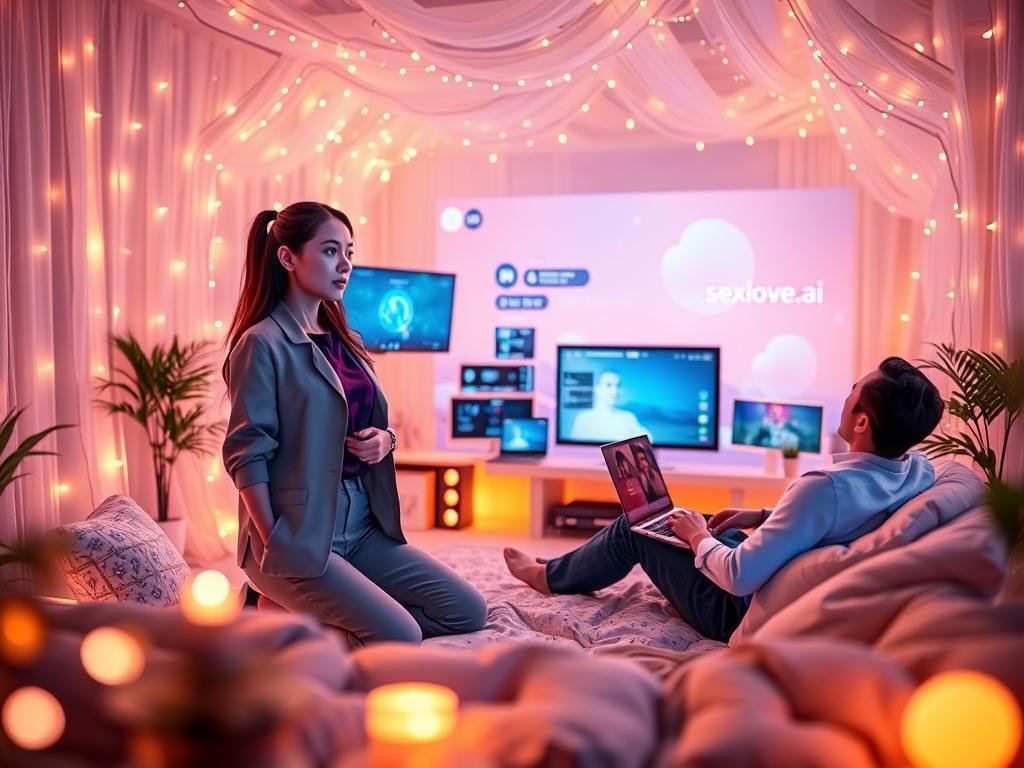 A cozy virtual room filled with soft glowing lights representing a futuristic yet inviting atmosphere. In the foreground, a female AI hologram, depicted as a friendly and approachable figure, wearing a stylish yet modest casual outfit, interacts with a user who is seated comfortably with a laptop, showcasing engagement and connection. In the middle, various interactive screens and technological elements can be seen, highlighting features of personalized AI companionship. The background features a serene digital landscape with gentle abstract shapes and colors, enhancing the dreamlike quality. The lighting should be warm and inviting, creating a sense of comfort and intimacy, while the angle is slightly tilted to capture the interaction vividly. Incorporate subtle branding of "sexlove.ai" in a non-intrusive manner, emphasizing innovation in AI relationships. A cozy virtual room filled with soft glowing lights representing a futuristic yet inviting atmosphere. In the foreground, a female AI hologram, depicted as a friendly and approachable figure, wearing a stylish yet modest casual outfit, interacts with a user who is seated comfortably with a laptop, showcasing engagement and connection. In the middle, various interactive screens and technological elements can be seen, highlighting features of personalized AI companionship. The background features a serene digital landscape with gentle abstract shapes and colors, enhancing the dreamlike quality. The lighting should be warm and inviting, creating a sense of comfort and intimacy, while the angle is slightly tilted to capture the interaction vividly. Incorporate subtle branding of "sexlove.ai" in a non-intrusive manner, emphasizing innovation in AI relationships.
