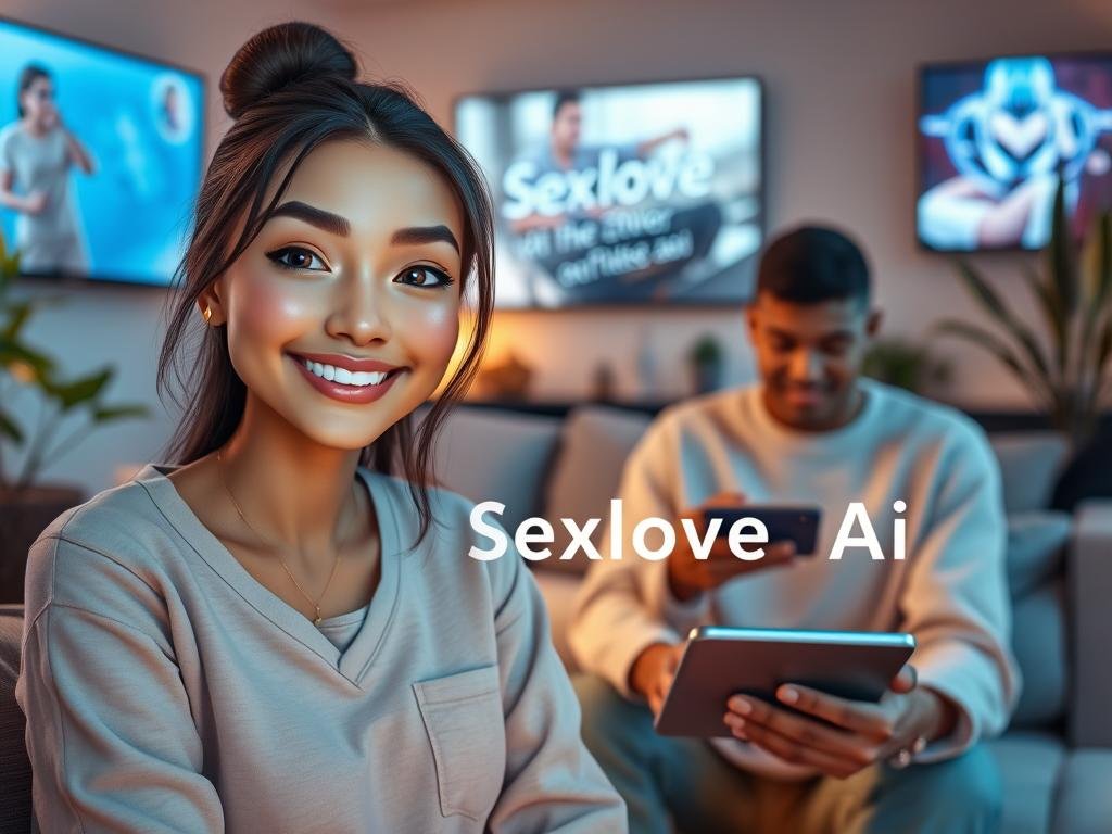 A cozy virtual setting featuring a digital avatar representing a virtual girlfriend AI, showcasing warmth and companionship. In the foreground, the avatar has an inviting smile, with features reflecting a blend of humanity and technology, wearing modest casual clothing. In the middle, a user interacts with the AI on a sleek device, displaying curiosity and engagement, sitting in a modern, comfortable living space. The background includes soft, ambient lighting and elements of technology like futuristic screens and decorative plants, adding to a harmonious atmosphere. The overall mood is one of comfort and trust, suggesting a personal connection enhanced by technology. The image subtly includes the brand name "Sexlove.ai" within the digital environment without being intrusive or prominent.