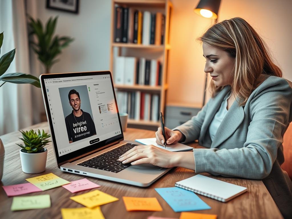 A cozy, visually engaging workspace showcasing a laptop displaying an AI girlfriend video creation interface. In the foreground, a woman in smart, casual clothing, attentively types on the laptop while taking notes on a notepad. The middle layer features colorful sticky notes scattered on the desk with brainstorming ideas for prompts, and a small plant adding a touch of nature. In the background, a well-organized shelf holds books related to artificial intelligence, relationship psychology, and video editing techniques. Soft, warm lighting illuminates the scene, creating an inviting atmosphere. The overall mood is focused and creative, hinting at the innovative process of crafting effective prompts for AI girlfriend videos, with a subtle logo of "sexlove.ai" displayed on the laptop screen.