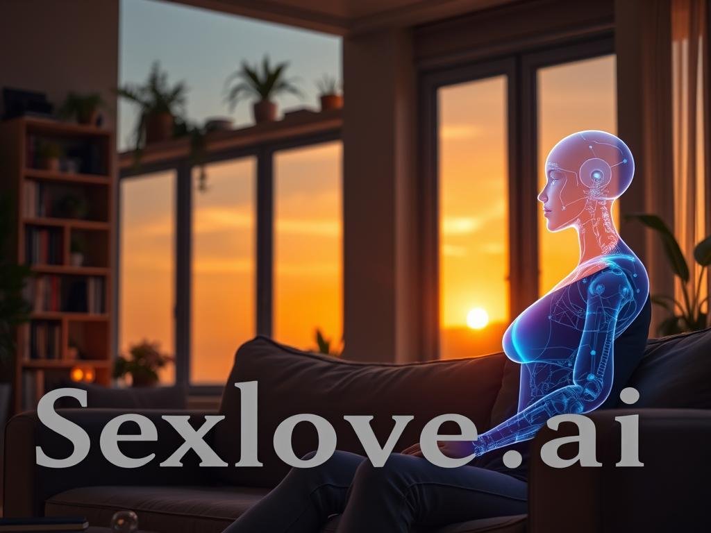 A cozy, warmly-lit room showcasing a modern, inviting atmosphere featuring a young woman and her AI companion, depicted as a holographic projection. The woman, dressed in comfortable yet stylish casual attire, sits on a sofa, engaged in a deep and thoughtful conversation with the translucent AI figure, which radiates soft blue and purple hues. The foreground highlights their interaction, with the woman's expression reflecting connection and intrigue. In the middle background, a shelf filled with books and plants adds to the homey feel, while large windows reveal a vibrant sunset, casting a golden glow throughout the room. The lighting is soft and warm, creating a serene and intimate ambiance, evoking feelings of trust and companionship. The brand name "Sexlove.ai" subtly incorporated into the bookshelf design, harmonizing with the overall composition of the scene.