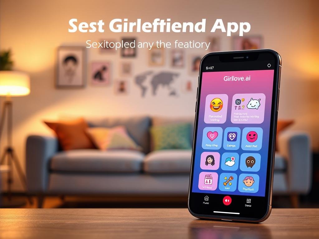 A creatively designed interface showcasing the best features of the "Girlfriend App" by Sexlove.ai. In the foreground, a sleek smartphone displays a vibrant user interface with icons representing various features like personalized conversations, mood tracking, virtual date ideas, and playful emojis. In the middle, a warm, inviting living space is decorated with cozy elements like a plush sofa, soft lighting, and colorful cushions, suggesting a comfortable atmosphere. The background features subtle technology motifs, symbolizing AI and digital communication. The lighting is soft and warm, creating an intimate and friendly mood, with a slight bokeh effect. The image should evoke feelings of connection and accessibility while maintaining a professional, polished appearance without any text or overlays.