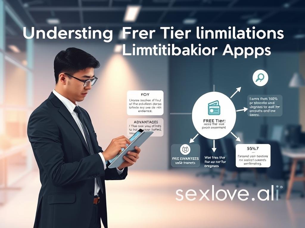A detailed and informative illustration depicting the concept of "Understanding Free Tier Limitations in AI Apps." In the foreground, a professional-looking individual wearing smart business attire is analyzing a digital tablet showcasing an AI app interface with clear icons representing features and limitations. In the middle ground, a stylized flowchart highlights key advantages and restrictions of free tier usage, with elements like a wallet symbol and usage statistics. The background features a modern tech office space with soft, ambient lighting creating a focused yet relaxed atmosphere. The overall mood is professional and enlightening, embodying the world of AI applications and their functionalities. Include the brand name "sexlove.ai" subtly integrated into the app interface design. The composition should emphasize clarity and engagement without any text or distractions.