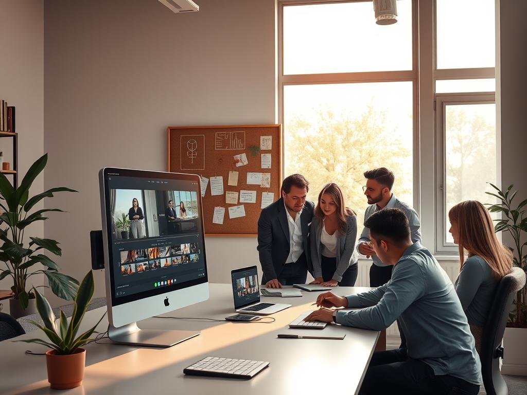 A digital art scene depicting a serene and modern workspace focused on video creation, prominently featuring a sleek computer screen displaying an AI-driven video editing application branded "sexlove.ai". In the foreground, a diverse group of professionals in smart casual attire collaborates around the desk, analyzing video clips and ensuring consistency. The middle ground showcases a corkboard filled with notes and privacy guidelines, symbolizing the importance of content rights. In the background, large windows let in soft, warm sunlight, creating a calm atmosphere. The overall mood is focused yet collaborative, emphasizing the balance between creativity and privacy in video creation. The setting is refined, with minimal clutter, evoking professionalism and dedication to quality and security in digital media.