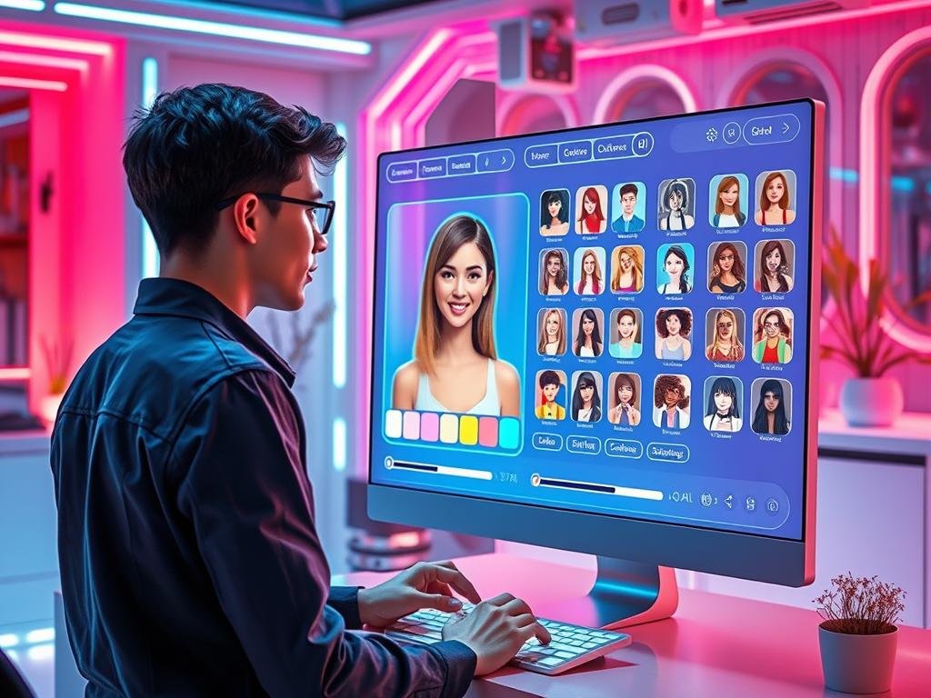 A digital art scene set in a vibrant, futuristic room where a user is customizing an AI girlfriend character on a sleek computer interface. In the foreground, a focused young adult in smart casual clothing interacts with the display, showcasing various sliders for appearance and personality traits. The middle layer features a holographic representation of the AI girlfriend, displaying a range of customizable features like hair color, facial expressions, and outfits, with an inviting smile. The background highlights futuristic decor and soft, ambient lighting, creating a warm, immersive atmosphere. The scene emphasizes creativity and technology, symbolizing the user&rsquo;s journey in creating a perfect companion through the app "Sexlove.ai". The overall mood is inspiring and optimistic, showcasing innovation in personal relationships.