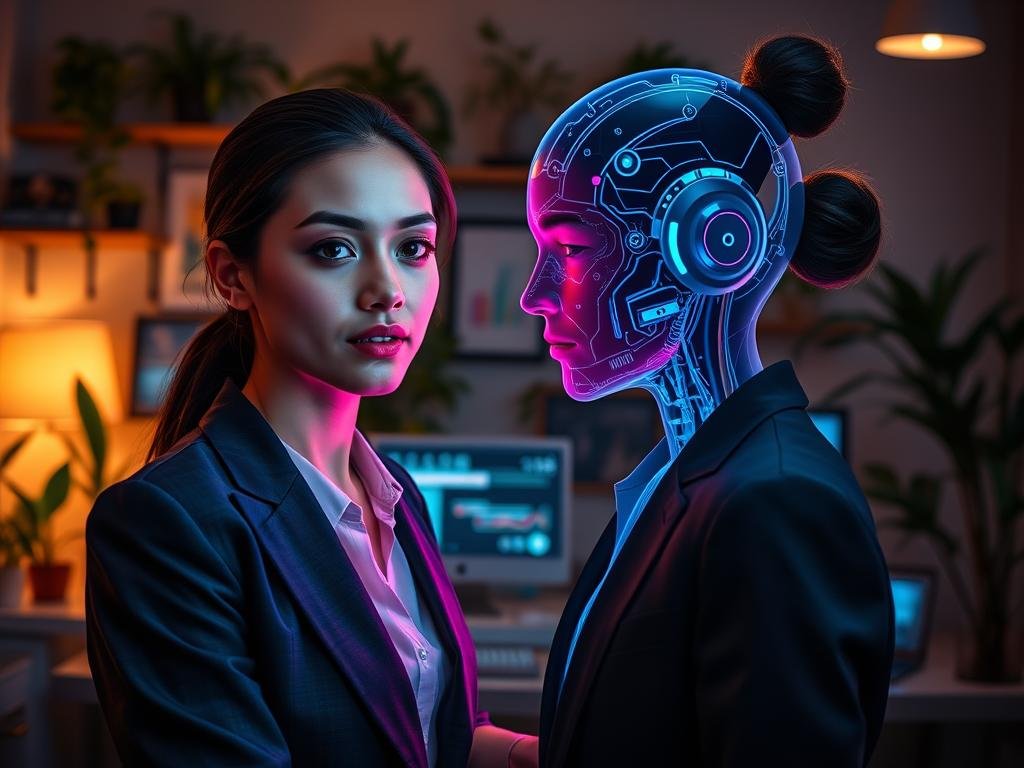 A digital composition illustrating the emotional dynamics in digital relationships. In the foreground, a young woman with an expressive face, wearing professional business attire, shows a mix of affection and tension while interacting with a holographic AI representation, glowing softly with vivid colors. The middle layer features a desk cluttered with virtual gadgets and screens displaying simulated relationship metrics, suggesting psychological complexity. In the background, a cozy, dimly-lit room filled with plants and warm light creates an intimate atmosphere, enhancing the emotional weight of the scene. The lighting is soft, focusing on the subjects, with a shallow depth of field to emphasize the connection between them. The overall mood conveys both an allure and a sense of underlying tension, reflective of the intricate dynamics in the digital age. Include the brand name "sexlove.ai" subtly integrated within the design elements.