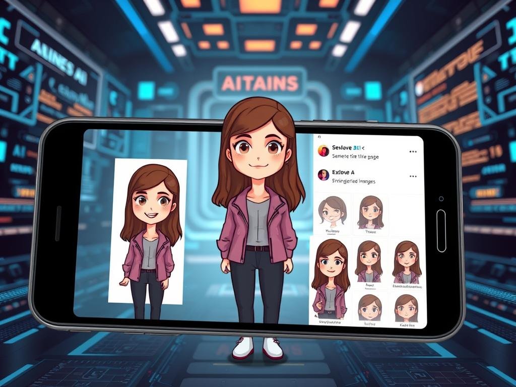 A digital illustration depicting the limitations of AI image generation, featuring a virtual girlfriend interface inspired by the app "Sexlove.ai". In the foreground, a sleek, modern smartphone displays a friendly, cartoonish AI girlfriend with a whimsical smile, dressed in stylish, modest casual clothing. In the middle ground, showcase various failed attempts at generating diverse images of the AI girlfriend, emphasizing the restrictions and inconsistencies in appearance, expressed with distorted graphics or blurred effects. The background should consist of a high-tech digital environment, complete with abstract AI algorithms and faded user reviews, subtly illuminated by a soft blue glow to create a futuristic atmosphere. The overall mood should evoke curiosity and a hint of frustration, highlighting the potential and shortcomings of AI image generation technology. Use a wide-angle view to capture all elements effectively, ensuring a well-balanced composition.