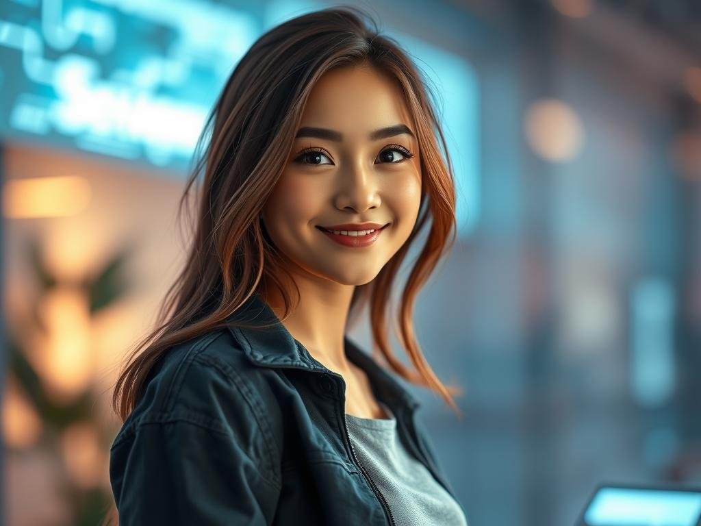 A digital representation of an AI girlfriend character with enchanting personality features. In the foreground, portray a friendly and approachable figure, dressed in stylish yet modest casual clothing, exuding warmth and intelligence. The middle ground showcases elements symbolizing communication and connection, like chat bubbles or glowing circuits that evoke a sense of companionship. The background should be a soft-focus tech-inspired environment, blending hues of blue and white to create a futuristic atmosphere. Utilize warm lighting to enhance the character's inviting demeanor, with a subtle glow around her to emphasize her AI essence. Capture the image from a slightly low angle to convey empowerment and presence, evoking a mood of comfort and fascination, associated with the brand "Sexlove.ai."