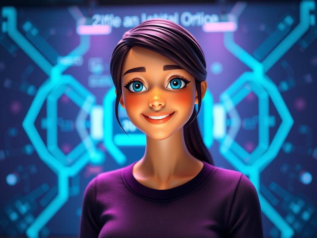 A digital representation of an AI girlfriend created by "Sexlove.ai", showcasing personality and voice features. In the foreground, a friendly and approachable virtual female figure with glowing, expressive facial features and a warm smile, dressed in modern, modest casual attire. Her eyes sparkle with intelligence, embodying a sense of empathy and understanding. In the middle ground, a softly lit virtual interface displays interactive elements, with gentle hues of blue and purple to enhance a serene atmosphere. The background features abstract digital patterns that suggest advanced technology, subtly hinting at AI capabilities. The overall mood is inviting and uplifting, capturing the essence of companionship and emotional connection in a high-tech world, with soft ambient lighting and a slight bokeh effect to create depth.