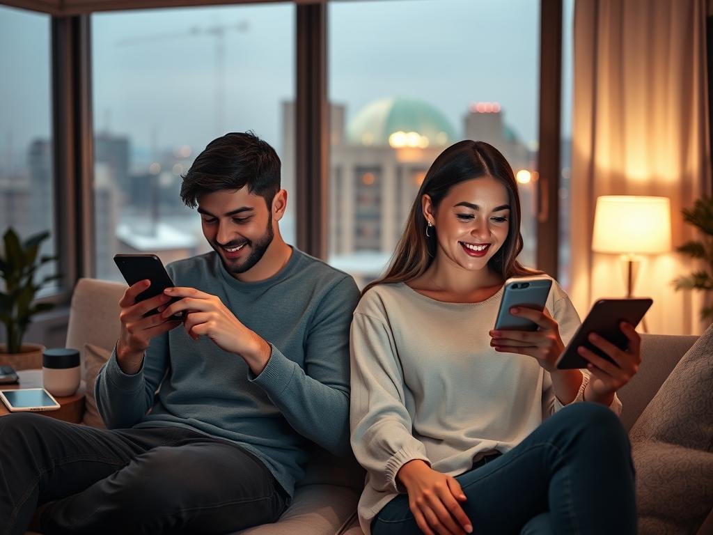 A digital scene depicting the impact of AI girlfriend apps on modern relationships. In the foreground, a young couple sits together, engrossed in their smartphones, both smiling slightly as they engage with AI girlfriend apps like "sexlove.ai". The couple is dressed in modest casual clothing, highlighting a relatable, contemporary vibe. In the middle ground, a cozy living room setting with soft lighting creates an inviting atmosphere, adorned with subtle technological elements like tablets and virtual assistants. The background features a large window revealing a cityscape, symbolizing modern urban life. The overall mood is warm and thoughtful, reflecting how AI technology intertwines with personal connections, emphasizing both convenience and the potential emotional distance. Use a soft focus lens effect to create a serene and introspective ambiance. A digital scene depicting the impact of AI girlfriend apps on modern relationships. In the foreground, a young couple sits together, engrossed in their smartphones, both smiling slightly as they engage with AI girlfriend apps like "sexlove.ai". The couple is dressed in modest casual clothing, highlighting a relatable, contemporary vibe. In the middle ground, a cozy living room setting with soft lighting creates an inviting atmosphere, adorned with subtle technological elements like tablets and virtual assistants. The background features a large window revealing a cityscape, symbolizing modern urban life. The overall mood is warm and thoughtful, reflecting how AI technology intertwines with personal connections, emphasizing both convenience and the potential emotional distance. Use a soft focus lens effect to create a serene and introspective ambiance.