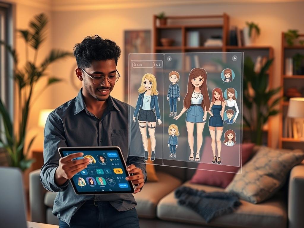 A digital workspace scene depicting a user customizing a virtual girlfriend on the Sexlove.ai app. In the foreground, a diverse young adult male in professional casual attire interacts with a tablet, showcasing an animated interface filled with customizable features. The middle ground features a holographic representation of a cheerful, customizable AI character, displaying various outfits and hairstyles. The background includes a cozy, modern living space with soft lighting, incorporating plants and bookshelves to create a warm, inviting atmosphere. The image should convey a sense of innovation and personalization, reflecting the excitement of building a perfect virtual companion. Use soft, warm lighting with a slight bokeh effect to enhance focus on the foreground elements, creating a friendly and approachable mood.